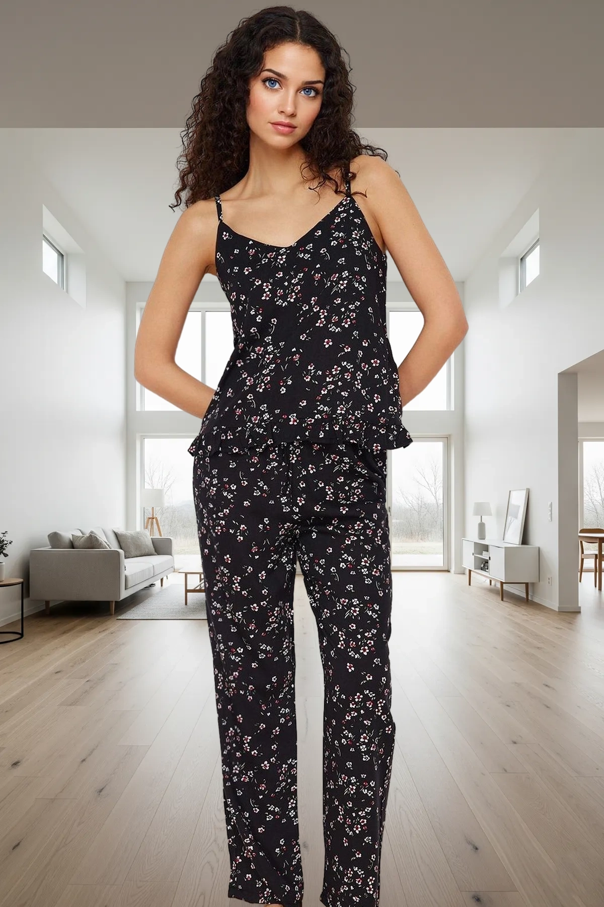 Kadın V Yaka Çiçekli İnce Askılı Viskoz Pijama Takımı Günlük Kullanım İçin Yüksek Kalite