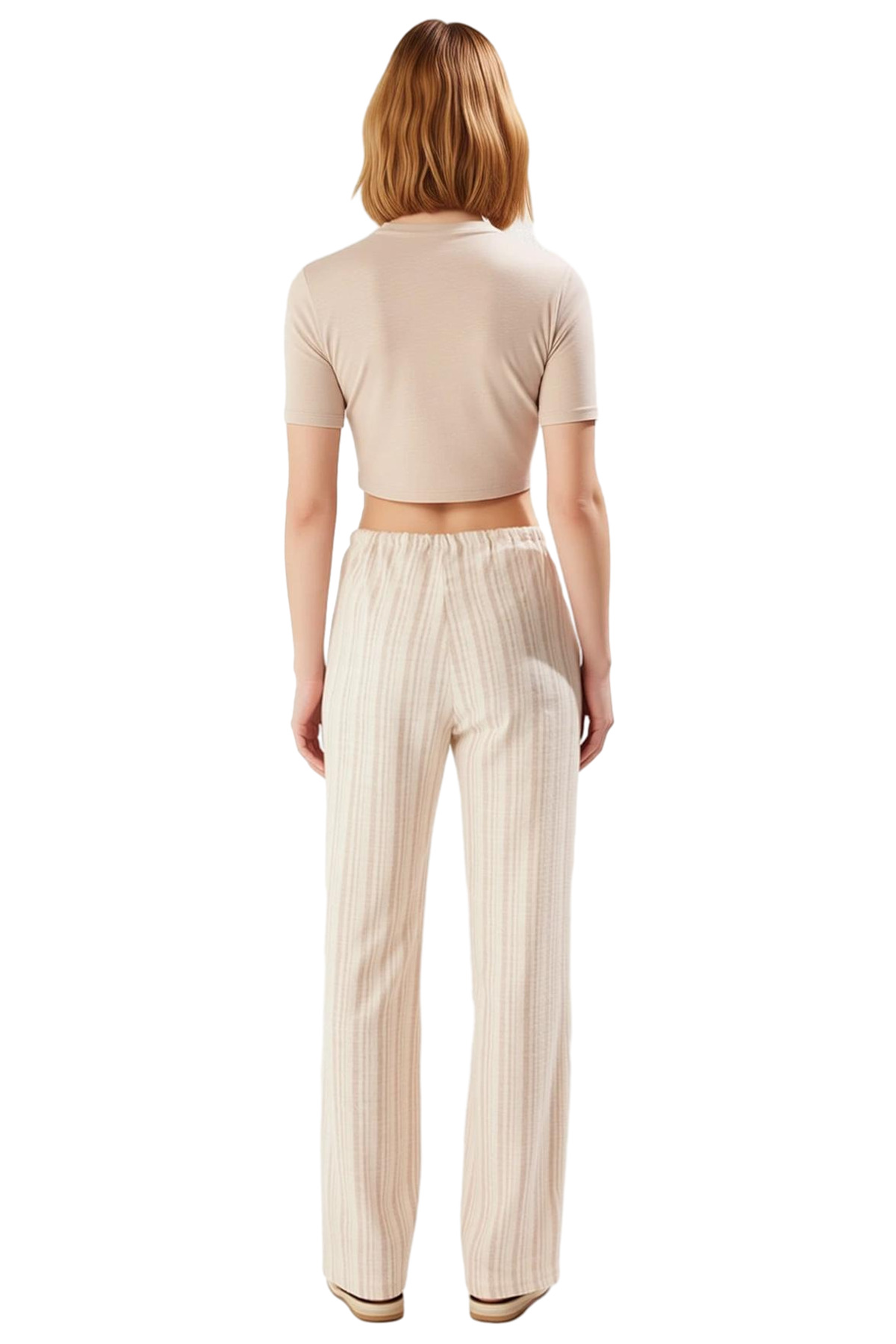 Kadın Moda Geniş Paça Keten Görünümlü Çizgili Pantolon Yüksek Bel Straight Kalıp Günlük Kullanım