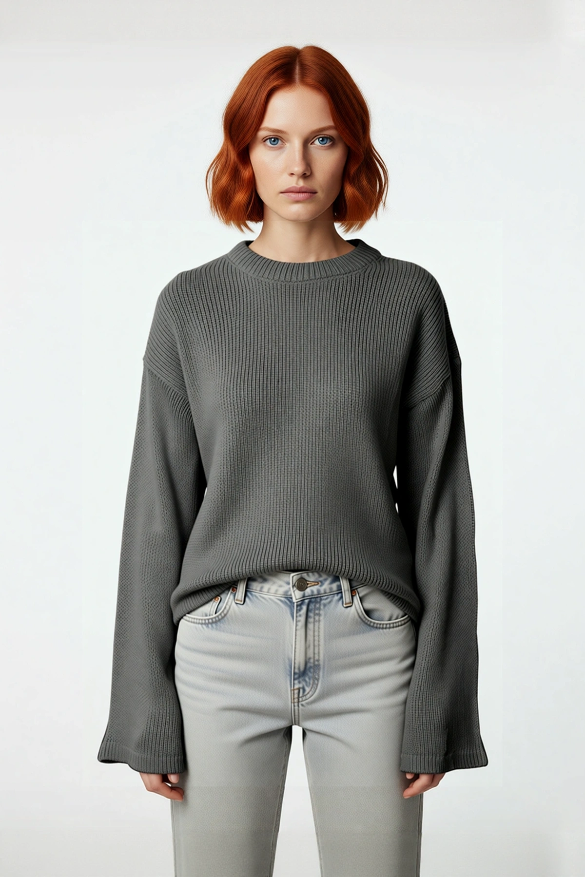 Kadın Oversize Triko Kazak Geniş İspanyol Kol Bisiklet Yaka Düz Dokulu Kışlık Basic Model Kaliteli
