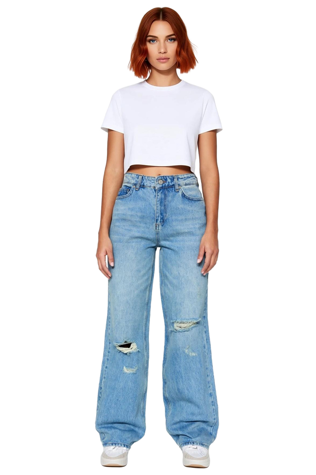 Kadın Vintage Efektli Yırtık Detaylı Geniş Paça Kot Pantolon Fonksiyonel Dayanıklı Estetik