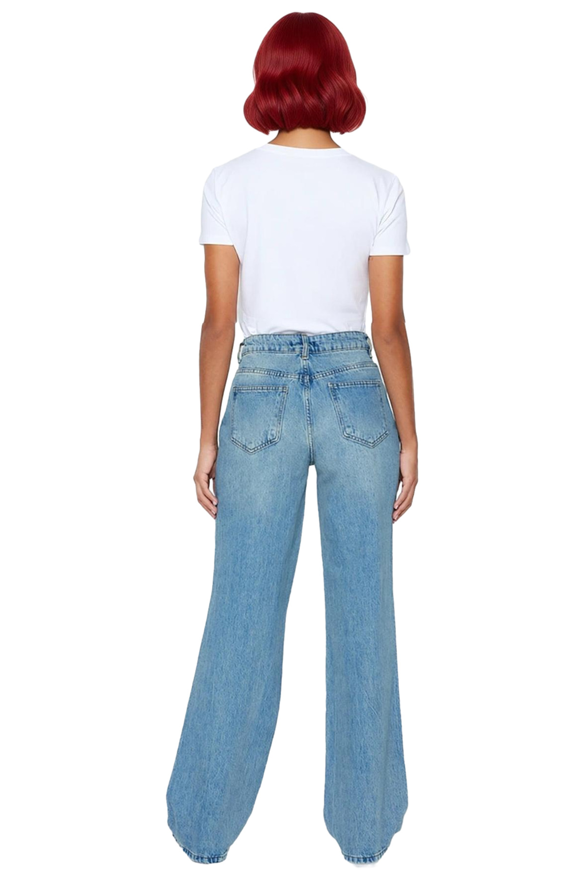 Kadın Vintage Efektli Yırtık Detaylı Geniş Paça Kot Pantolon Fonksiyonel Dayanıklı Estetik