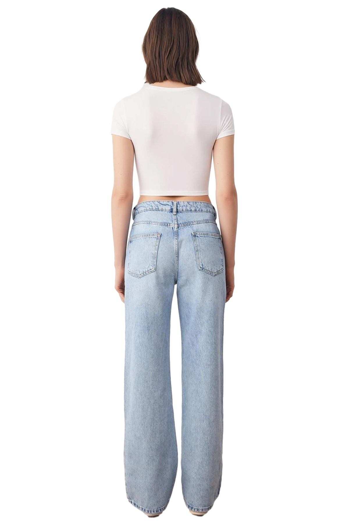 Kadın Açık Yüksek Bel Geniş Paça Denim Pantolon Fonksiyonel Dayanıklı Kaliteli Konforlu Şık