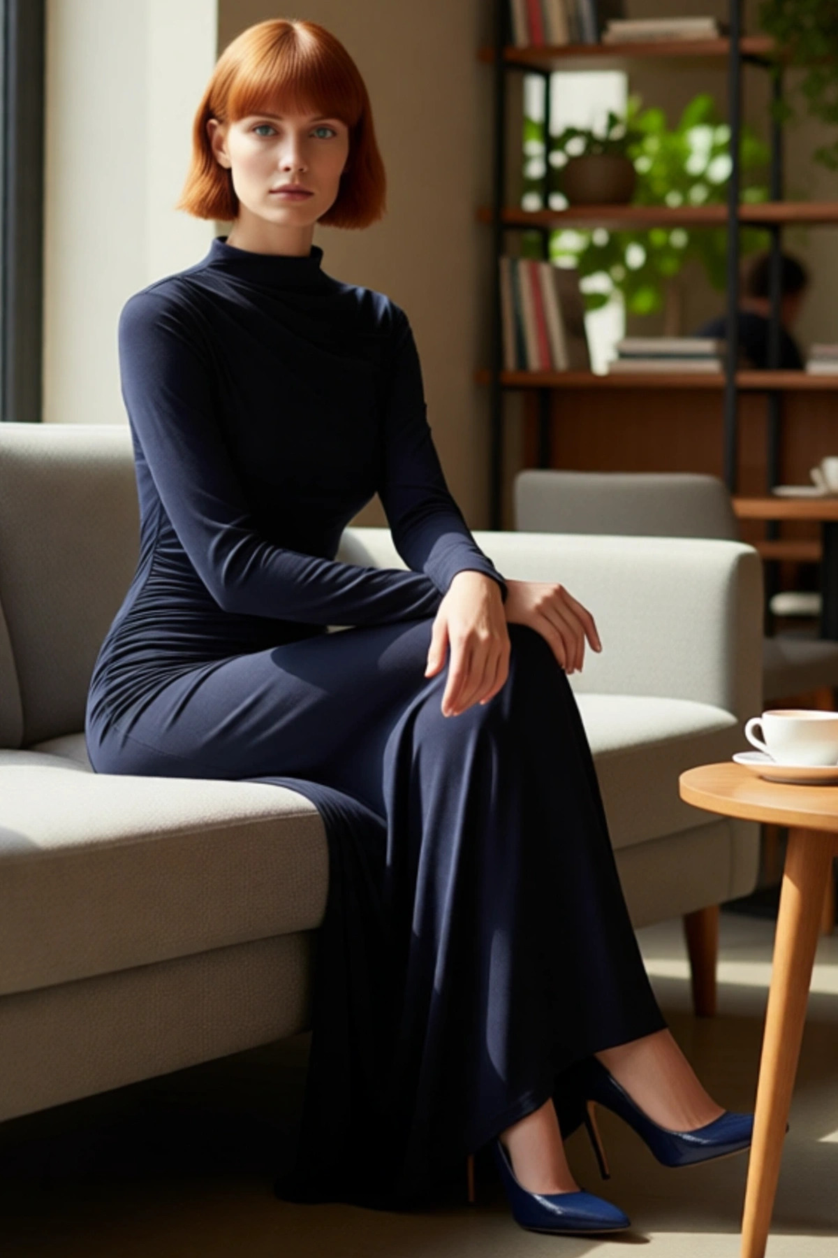 Kadın Lacivert Bodycon Dik Yaka Uzun Kollu Büzgülü Maxi Elbise Modern Şık Esnek Örme Tasarım
