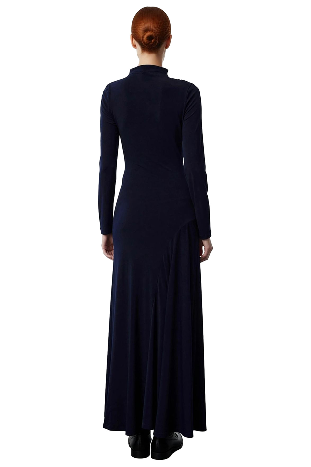 Kadın Lacivert Bodycon Dik Yaka Uzun Kollu Büzgülü Maxi Elbise Modern Şık Esnek Örme Tasarım