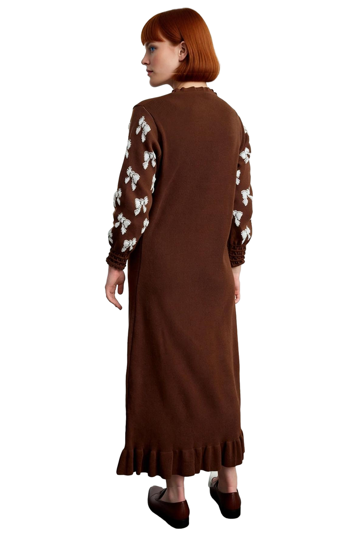 Kadın Bodycon Kesim Triko Maxi Elbise Kurdele Desenli Eteği Fırfırlı Kışlık Şık Ve Rahat Giyim