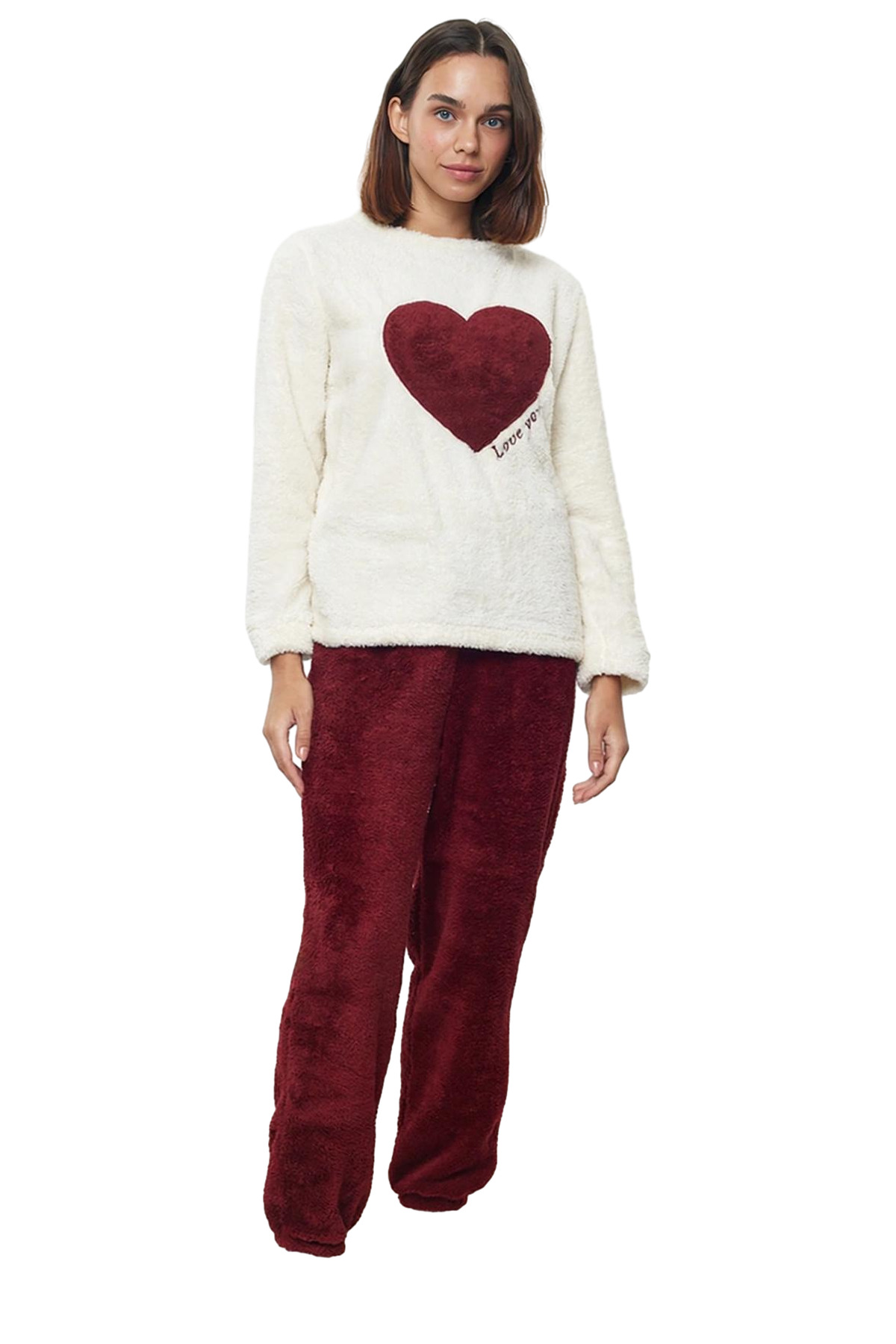 Kadın Kışlık Wellsoft Pijama Takımı Kalpli Rahat Ev Giyim Seti Konforlu Kesim