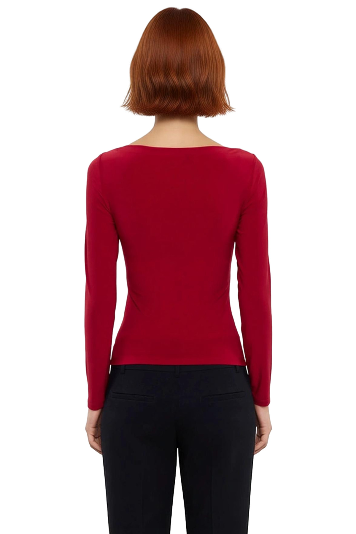 Kadın Bordo Kayık Yaka Drapeli Fitted Esnek Örme Uzun Kollu Bluz Smart Casual Günlük ve Gece