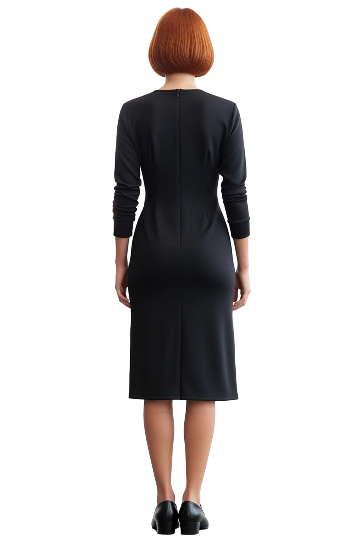 Kadın Siyah Bodycon Midi Elbise Polo Yaka Tam Fermuar Detaylı Uzun Kollu Şık Örme Tasarım Kaliteli