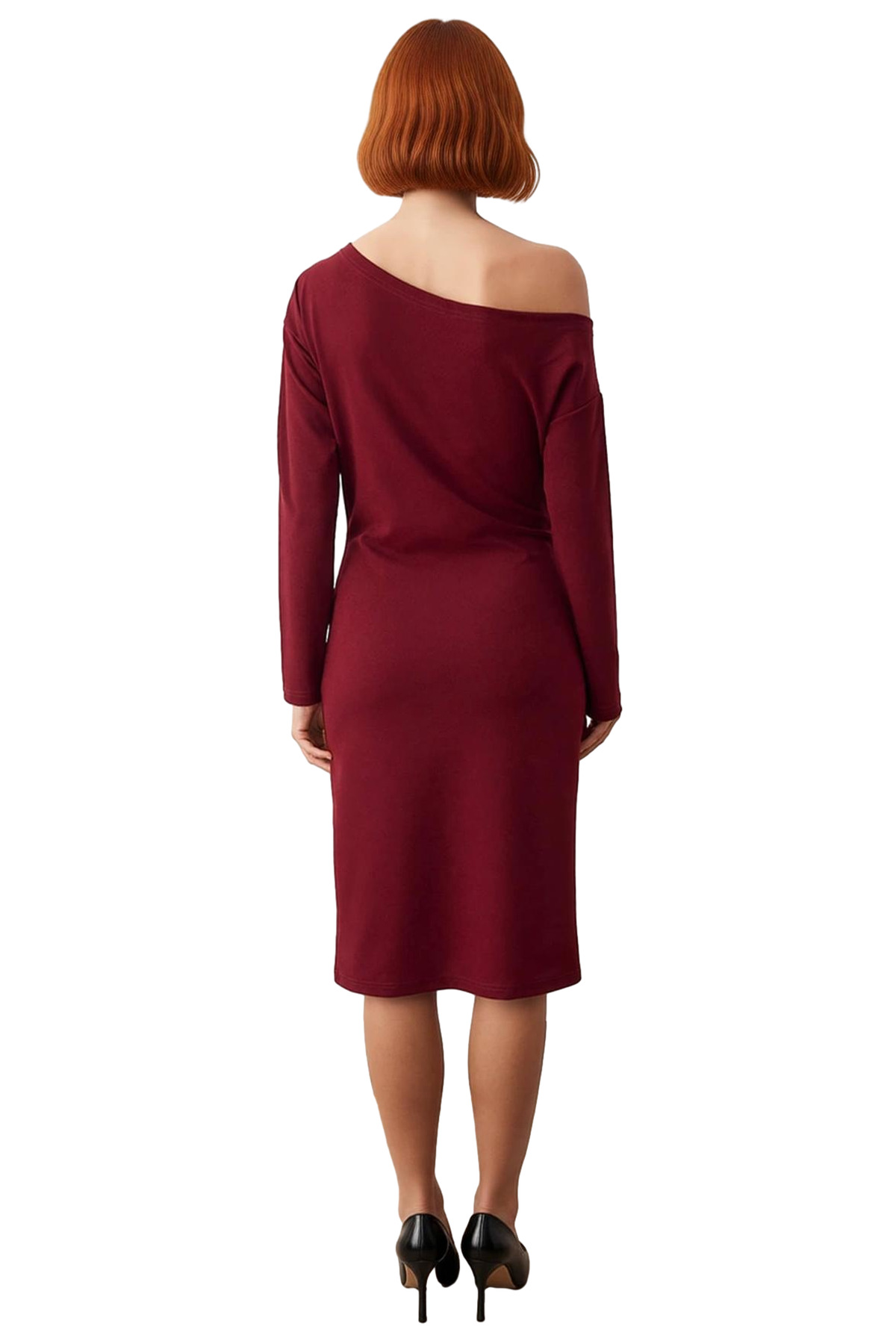 Kadın Midi Boy Asimetrik Kayık Yaka Bodycon Uzun Kollu Scuba Krep Örme Elbise Şık Kışlık Giyim
