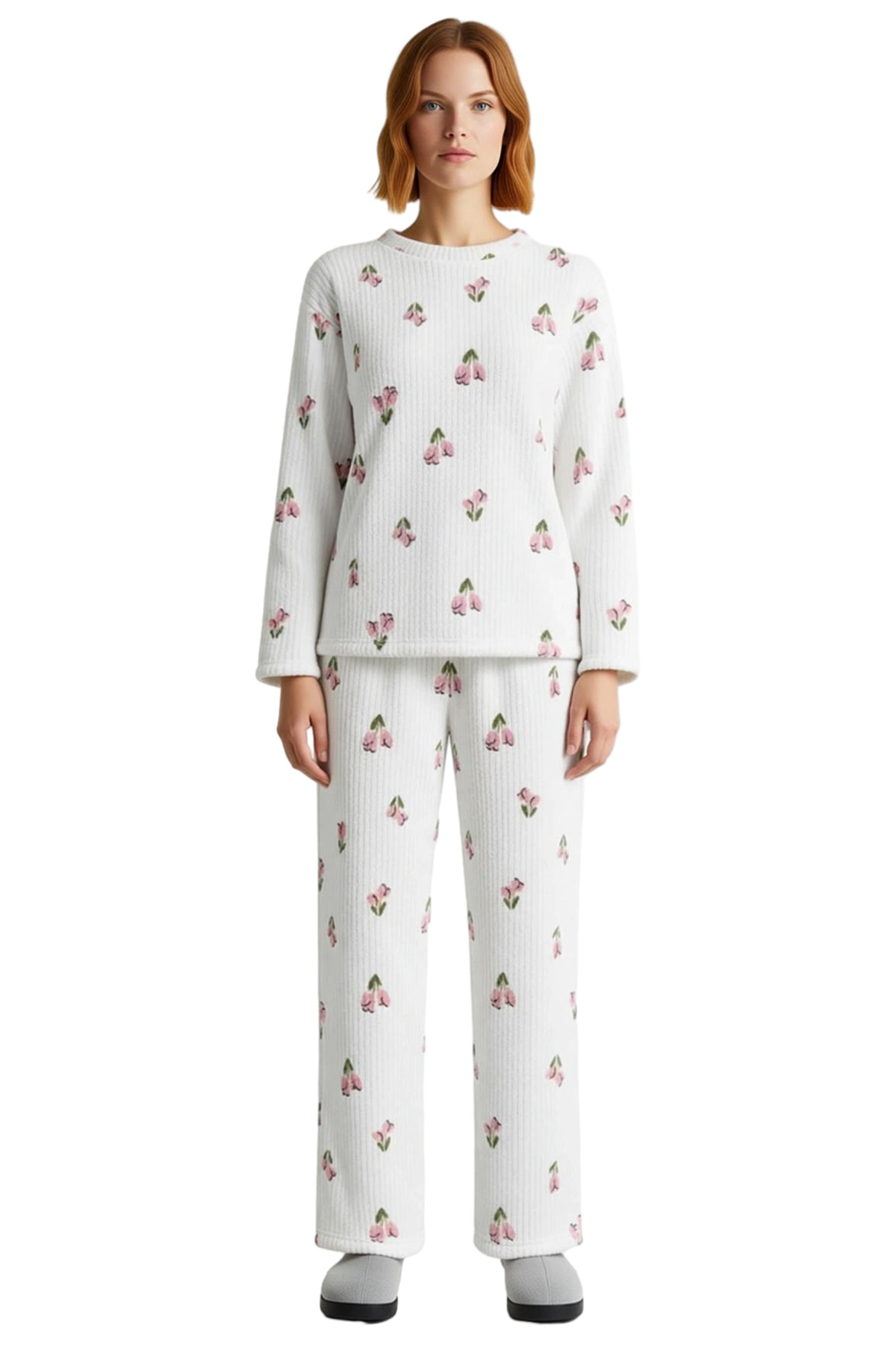 Kadın Çiçekli Fitilli Örme Pijama Takımı Fonksiyonel Dayanıklı Kaliteli Konforlu Estetik Şık