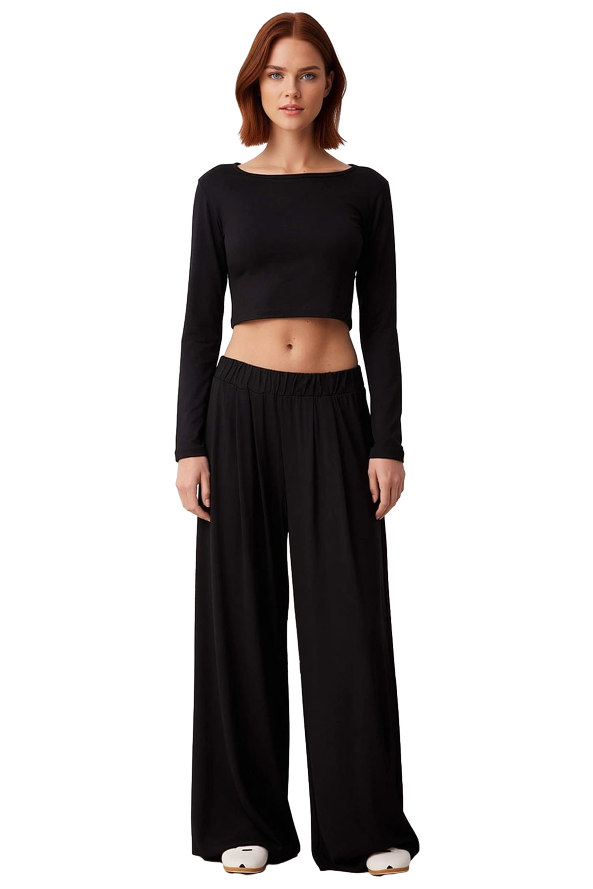 Kadın Viskon Örme Pijama Takımı Rahat Geniş Paça Yüksek Bel Kaliteli İşçilik
