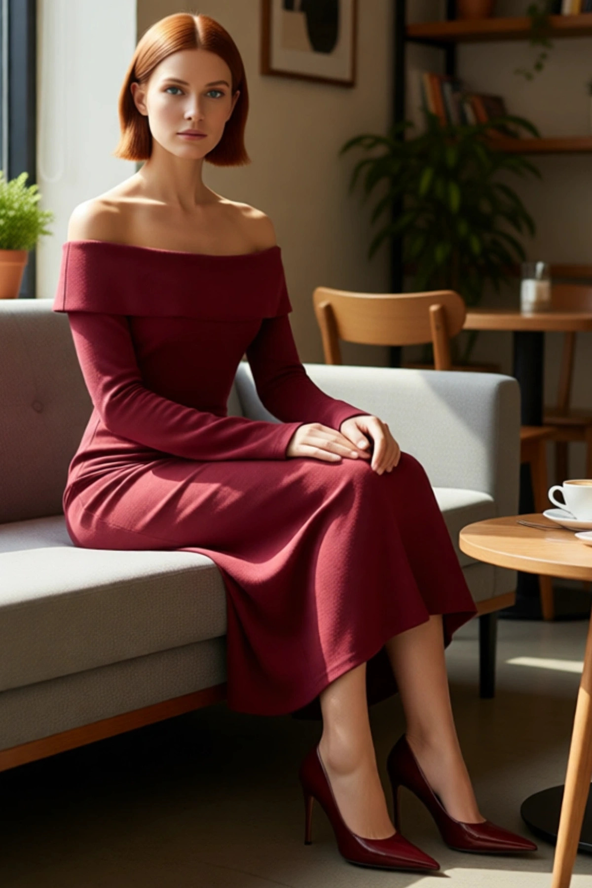 Kadın Bordo Bodycon Kalıp Carmen Yaka Uzun Kollu Örme Midi Elbise Şık Gündüz Gece Kombinleri İçin
