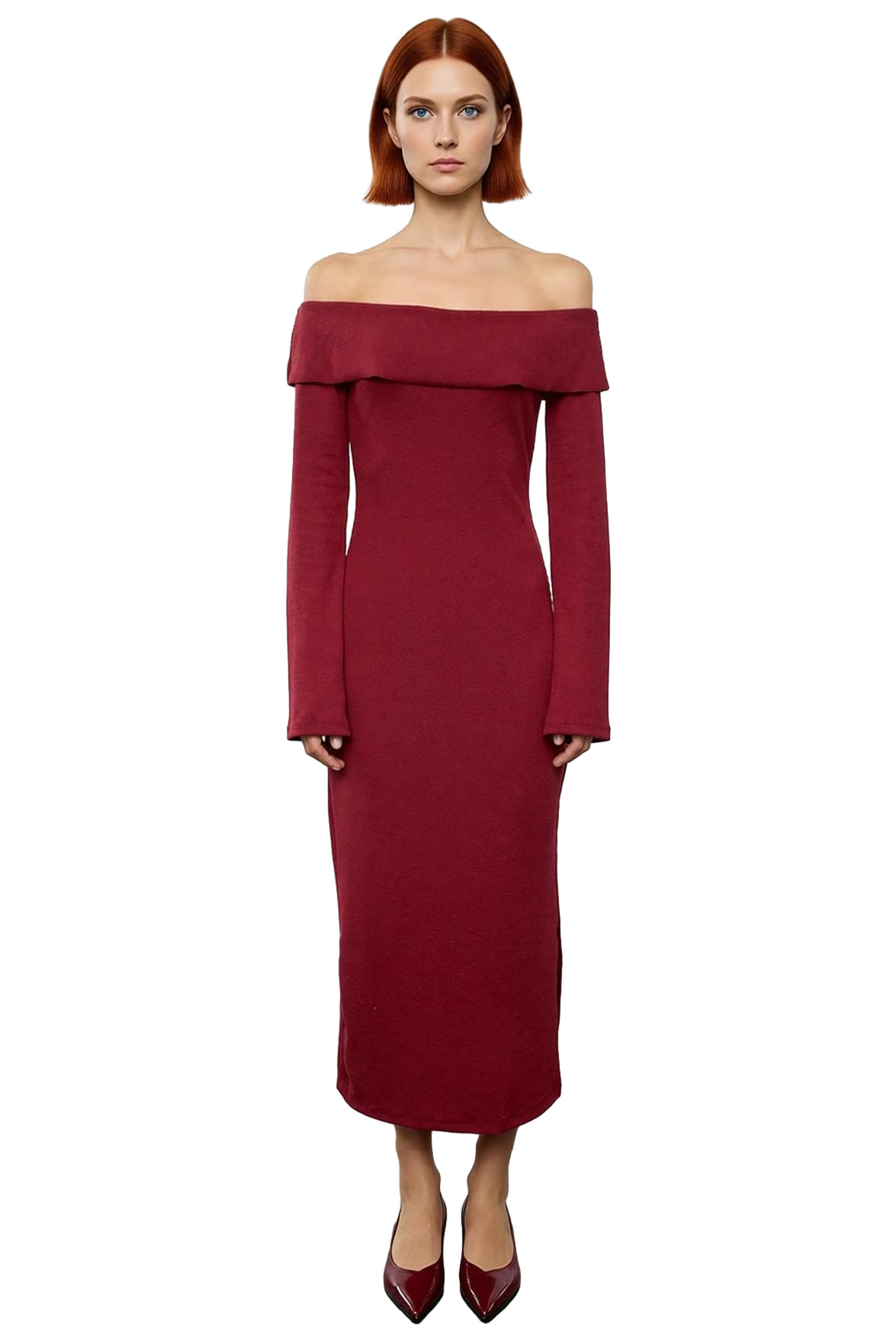 Kadın Bordo Bodycon Kalıp Carmen Yaka Uzun Kollu Örme Midi Elbise Şık Gündüz Gece Kombinleri İçin