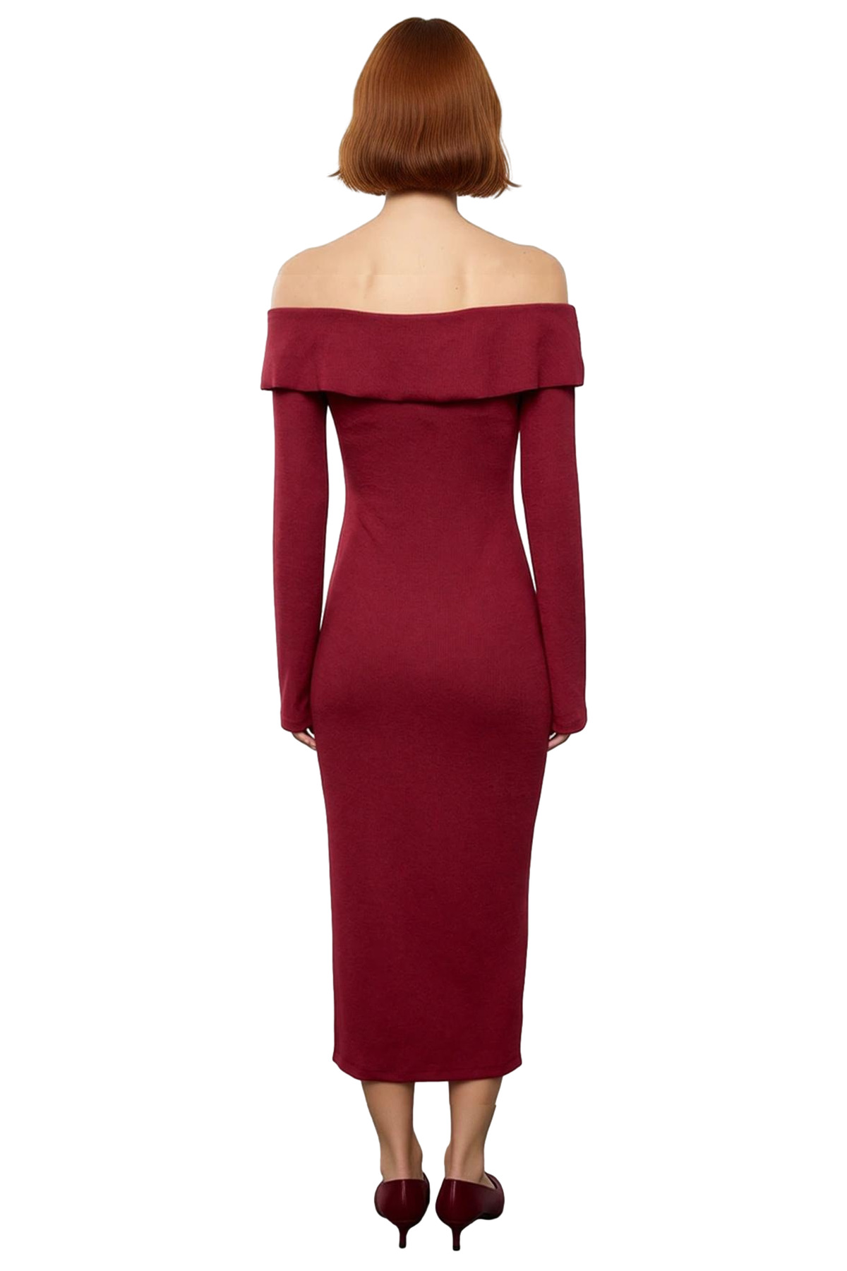 Kadın Bordo Bodycon Kalıp Carmen Yaka Uzun Kollu Örme Midi Elbise Şık Gündüz Gece Kombinleri İçin