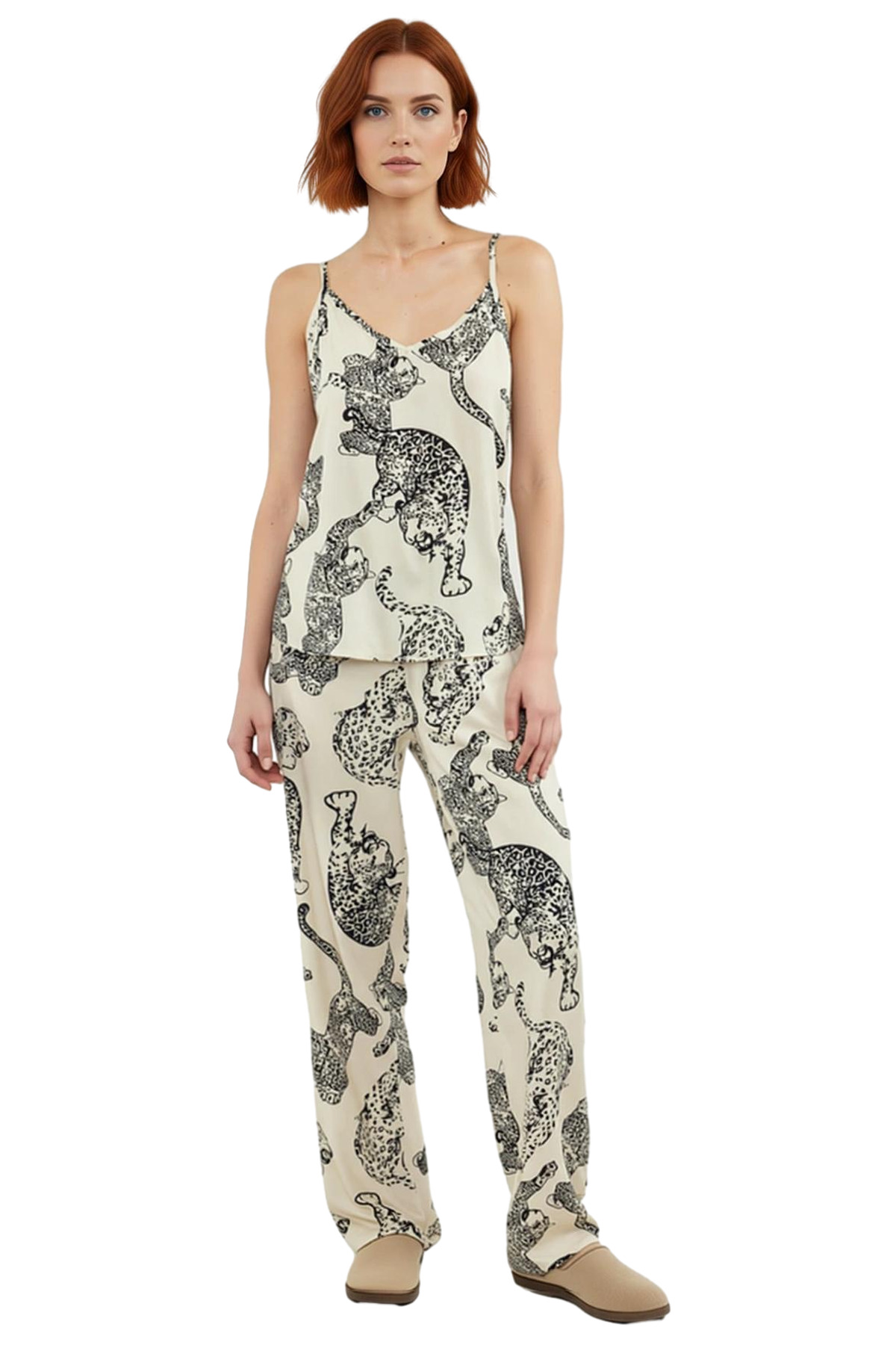 Kadın V Yaka İnce Askılı Kaplan Desenli Viskoz Pijama Takımı Modern Stil Şık Görünüm Seçkin Malzeme