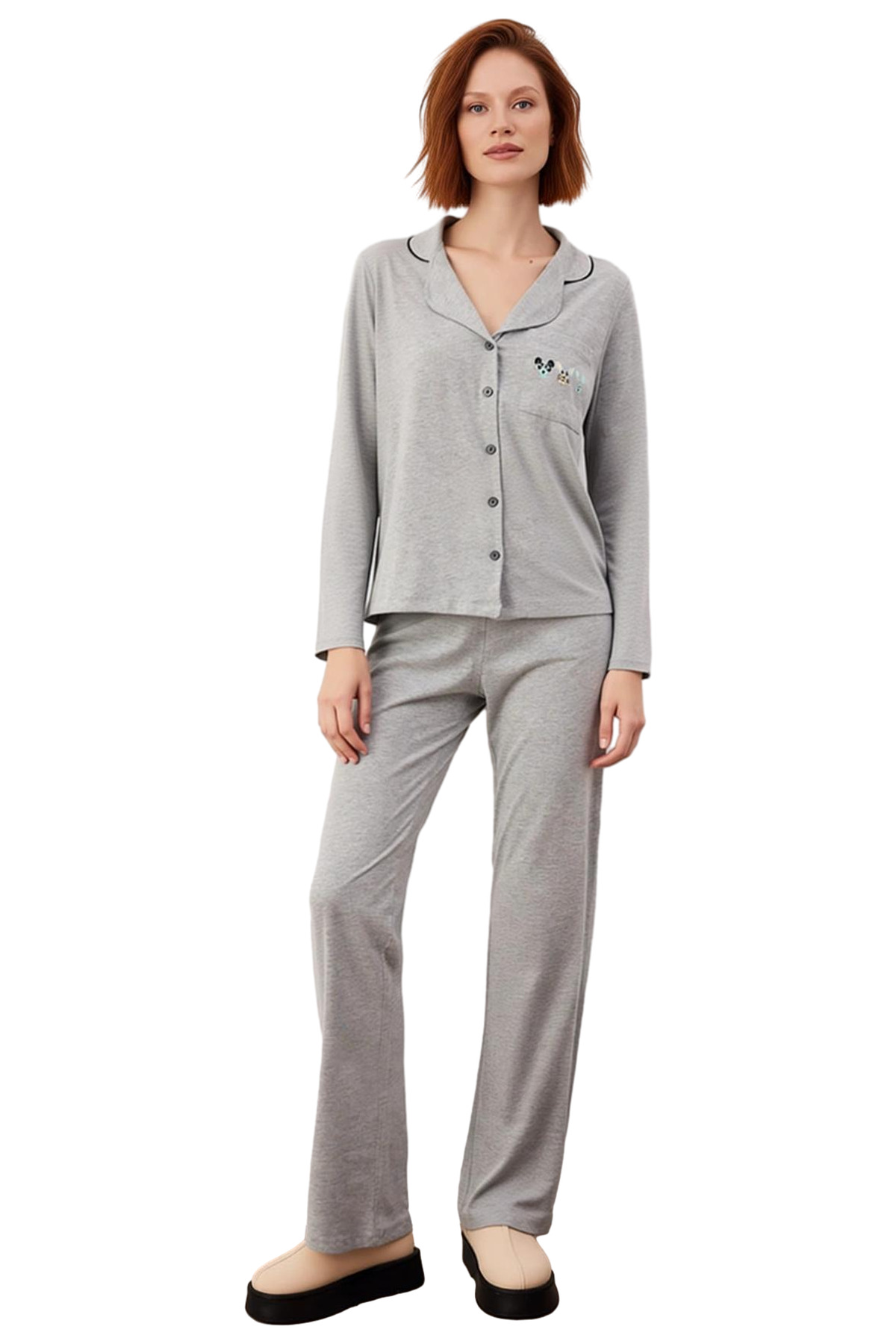 Kadın Pamuklu Örme Pijama Takımı Uzun Kollu Regular Kalıp Boru Paça Ev Giyim Trend Tasarım