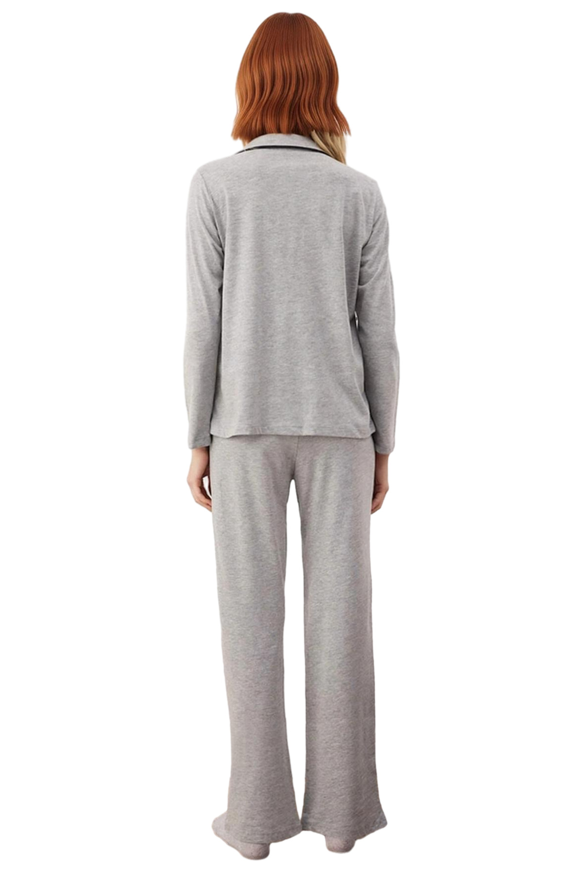 Kadın Pamuklu Örme Pijama Takımı Uzun Kollu Regular Kalıp Boru Paça Ev Giyim Trend Tasarım