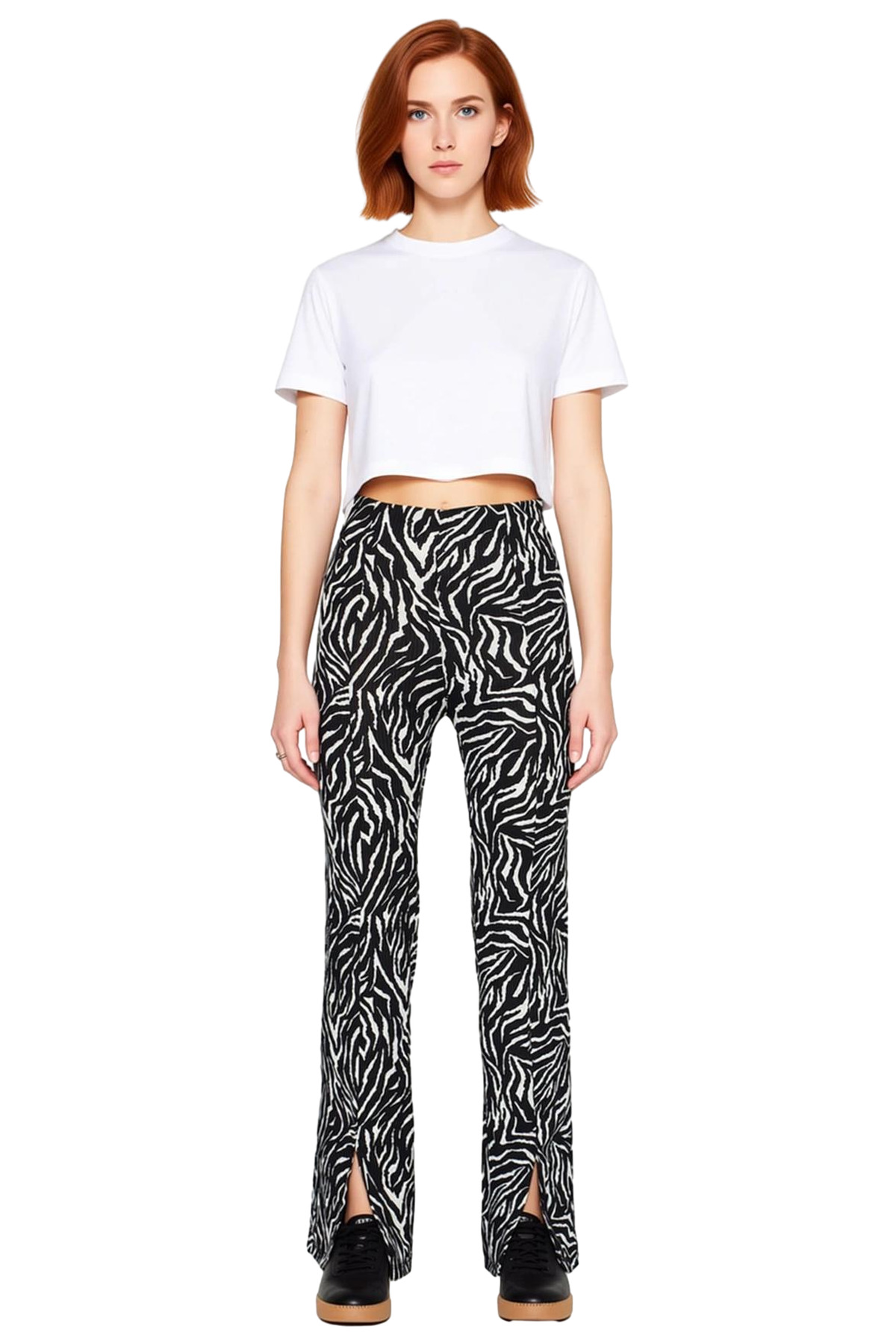 Kadın Moda Yüksek Bel Flare Pantolon Zebra Desenli Yırtmaçlı Yazlık Günlük Yazlık