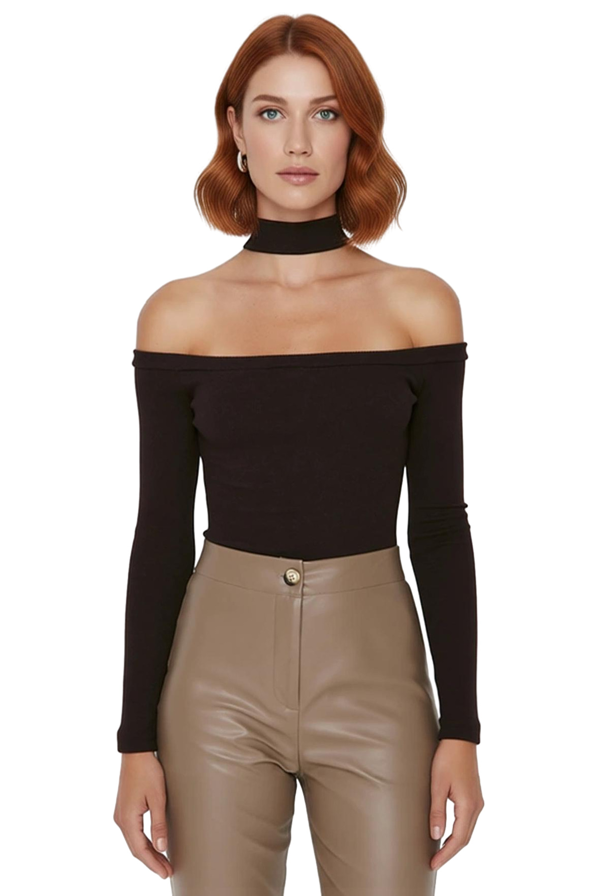 Kadın Fitted Bordo Örme Bluz Choker Yaka Düşük Kol Uzun Kollu Crop Kesim Günlük Kullanıma Uygun