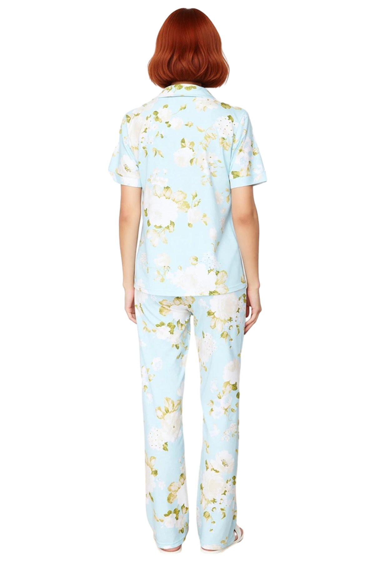 Kadın Pamuklu Çiçek Desenli Pijama Takımı Rahat Kalıp Uzun Paça Modern Stil Kaliteli İşçilik