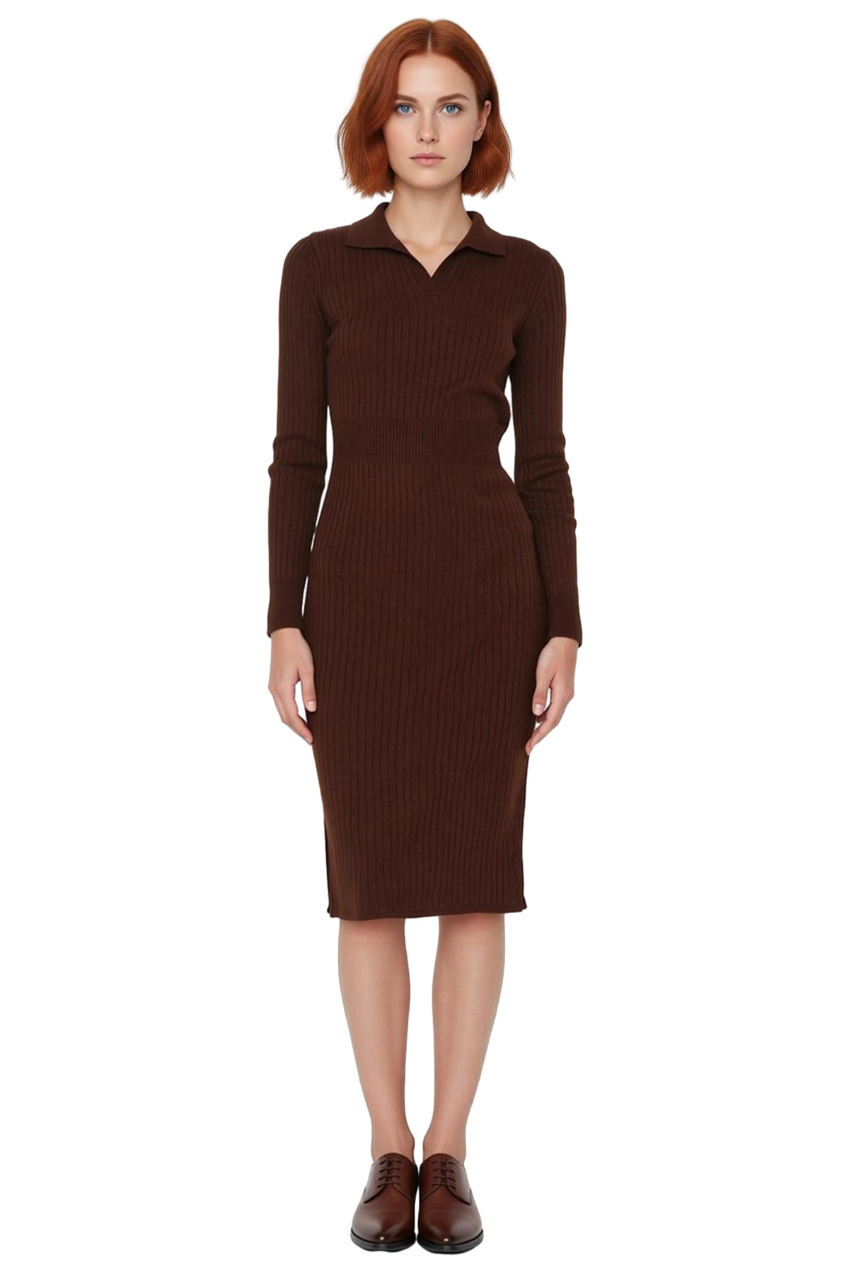 Kadın Triko Bodycon Midi Uzun Kol Polo Yaka Düz Elbise Şık ve Konforlu Kışlık Günlük Giyim