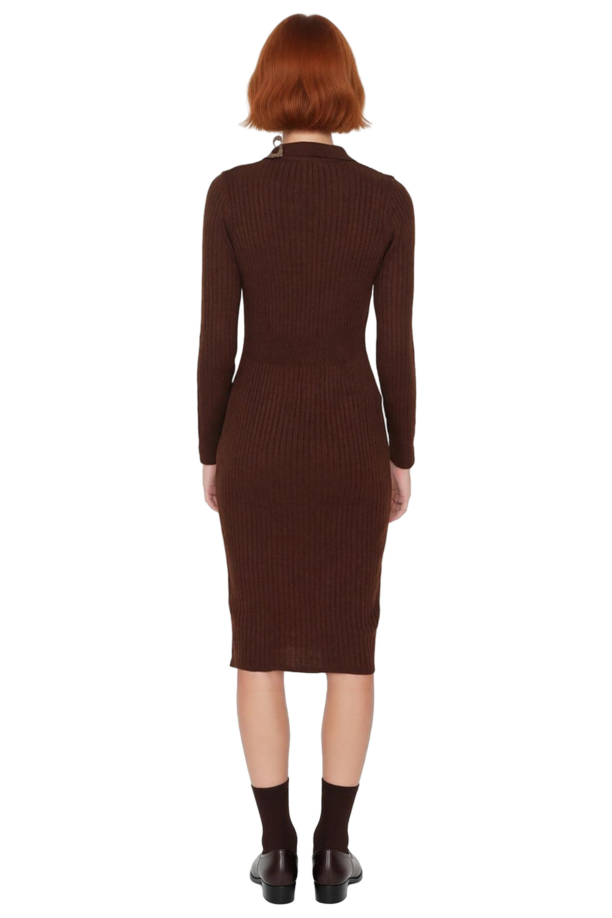 Kadın Triko Bodycon Midi Uzun Kol Polo Yaka Düz Elbise Şık ve Konforlu Kışlık Günlük Giyim