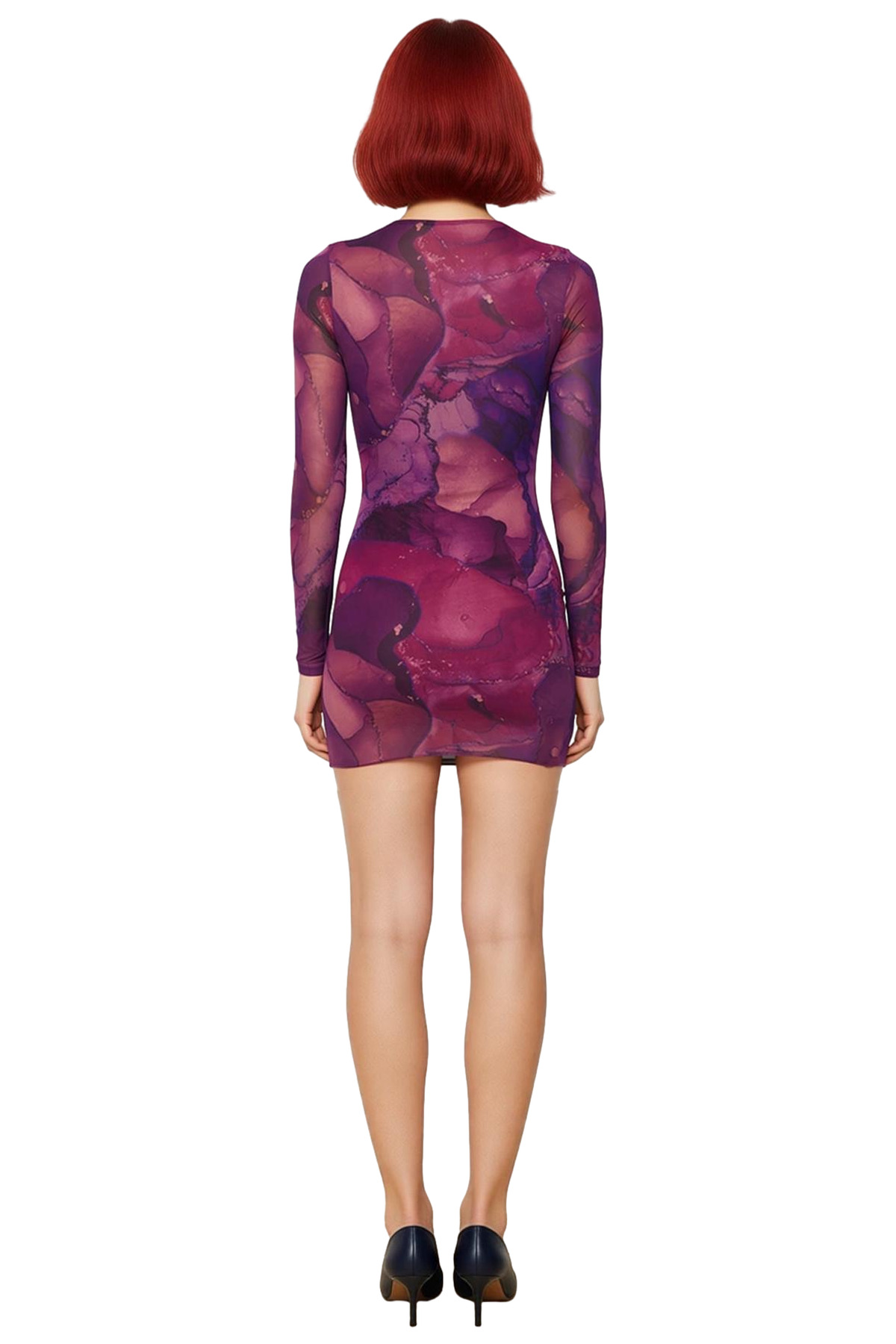 Kadın Çok Renkli Soyut Desenli Tül Bodycon Mini Elbise Uzun Kollu Şık ve Modern Gündüz Gece Tasarım