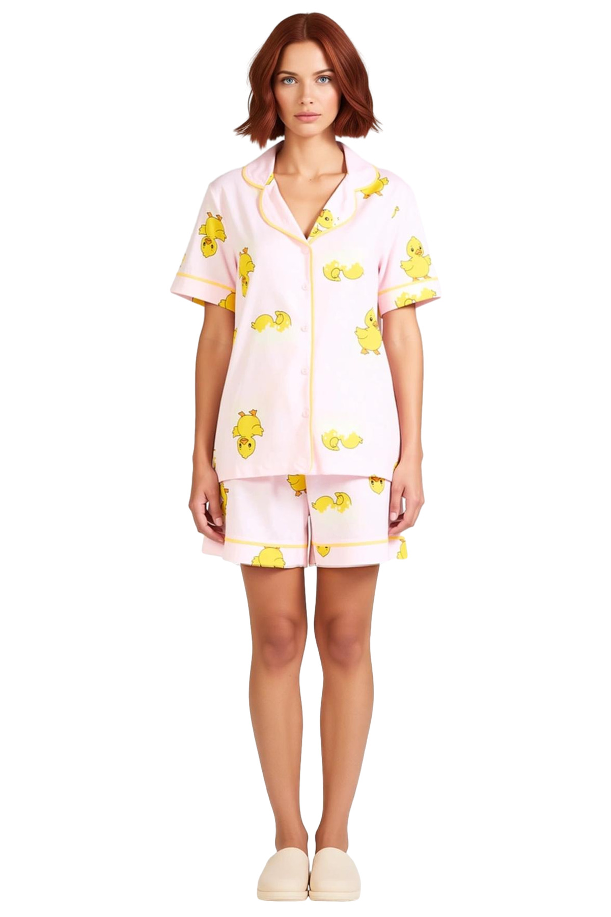 Kadın Pamuklu Örme Pijama Takımı Ördek Desenli Kısa Kollu Regular Kalıp Modern Stil Özel Tasarım