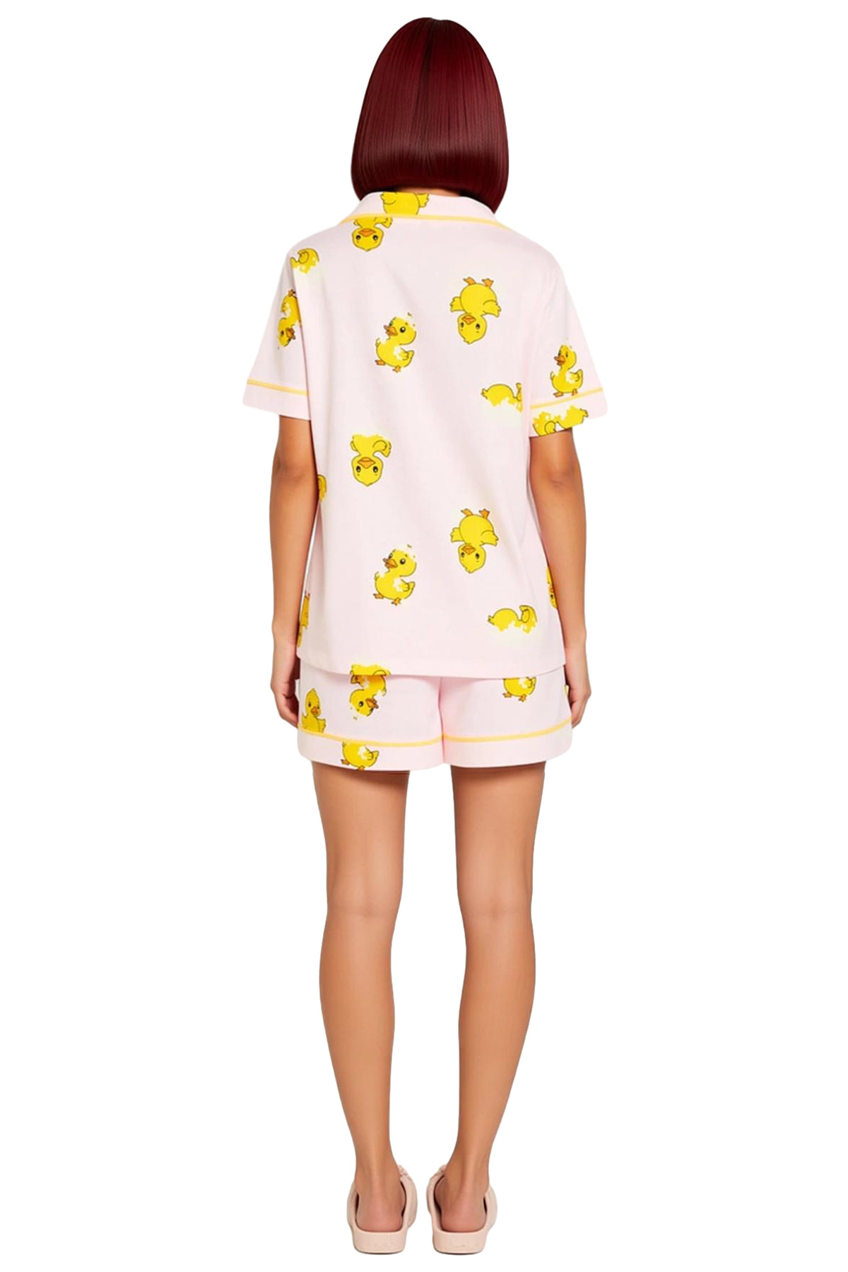 Kadın Pamuklu Örme Pijama Takımı Ördek Desenli Kısa Kollu Regular Kalıp Modern Stil Özel Tasarım
