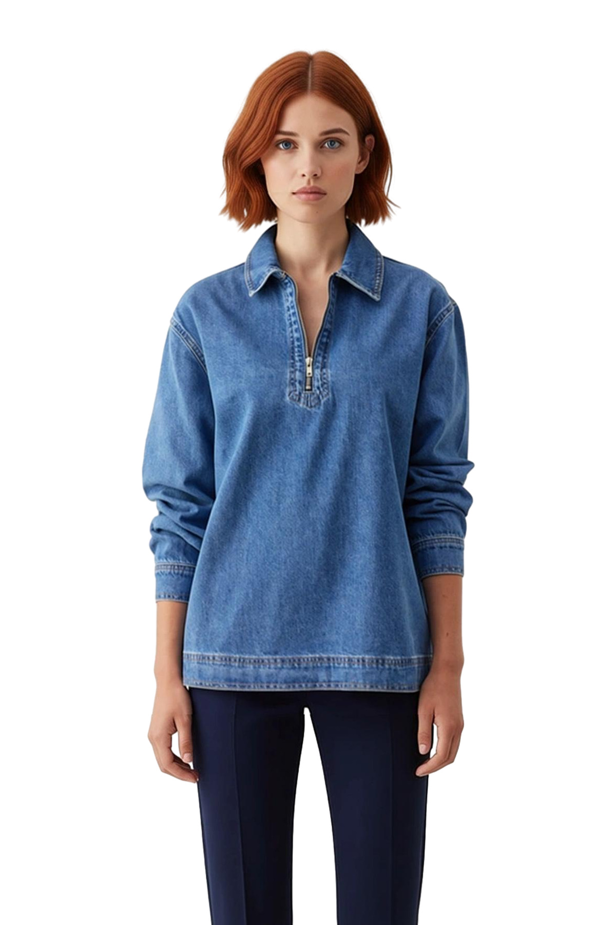 Kadın Oversize Kesim Fermuar Detaylı Uzun Kollu Düz Renk Denim Gömlek Günlük Stilin Anahtarı