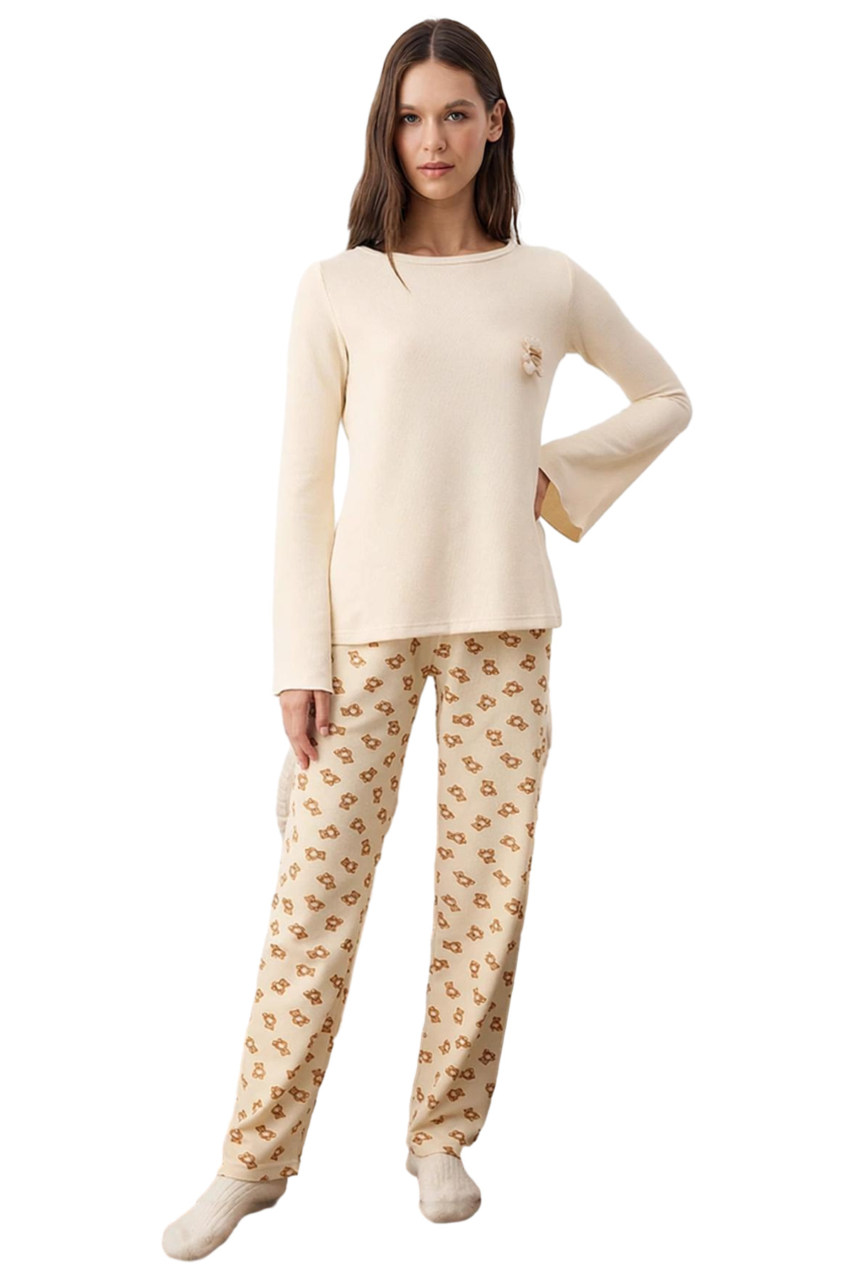 Kadın Ayıcıklı Waffle Pijama Takımı Fonksiyonel Dayanıklı Kaliteli Konforlu Estetik Modern