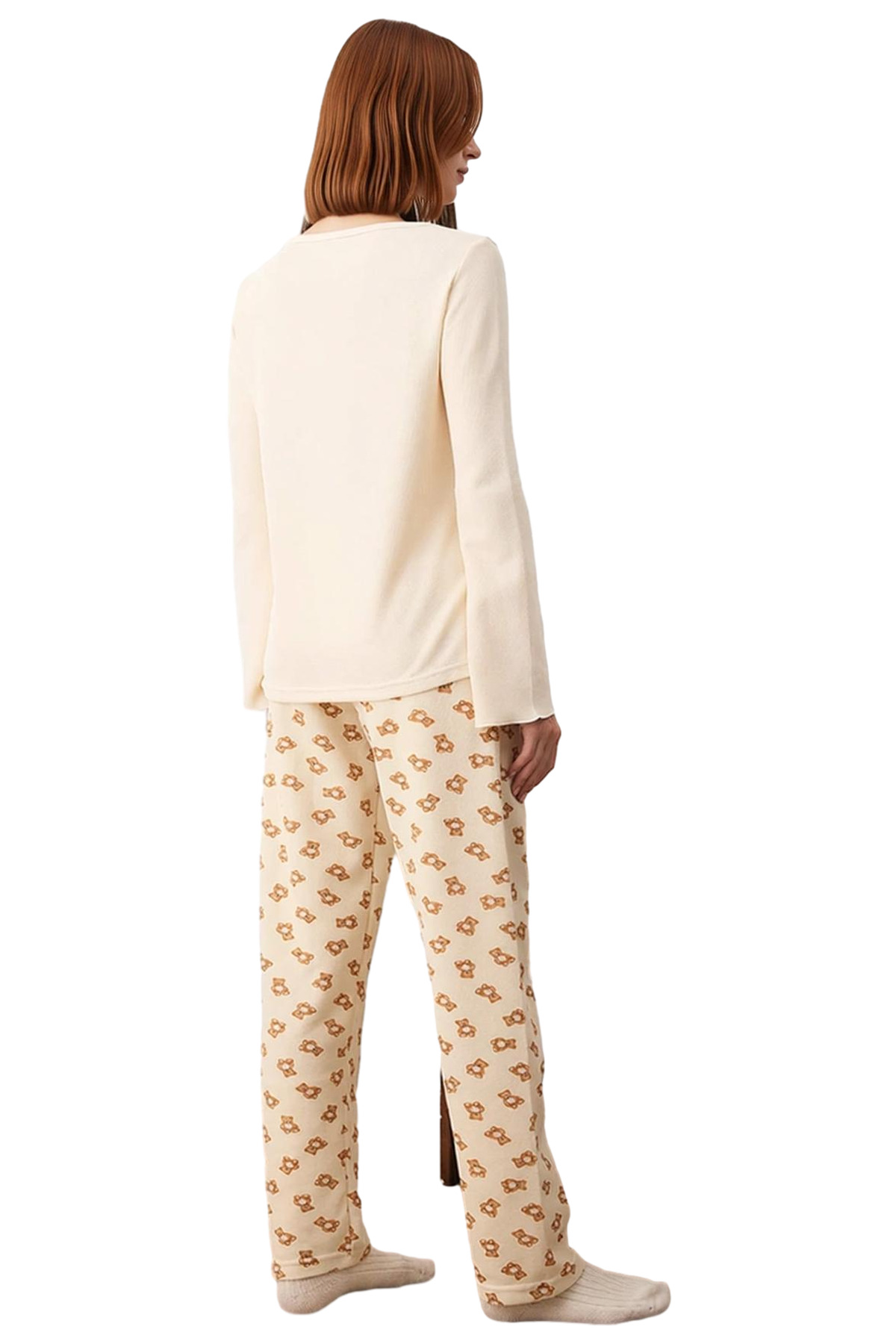 Kadın Ayıcıklı Waffle Pijama Takımı Fonksiyonel Dayanıklı Kaliteli Konforlu Estetik Modern