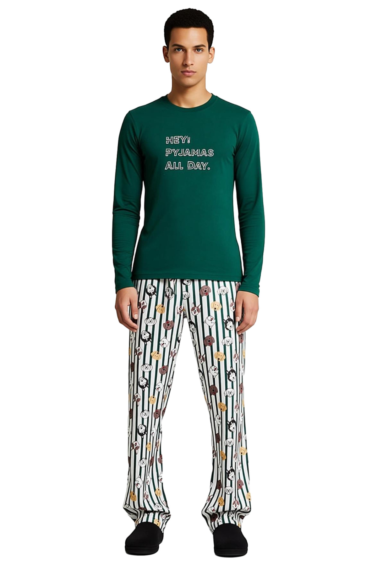 Erkek Bisiklet Yaka Baskılı Uzun Kollu Pijama Takımı Fonksiyonel Dayanıklı Kaliteli Modern