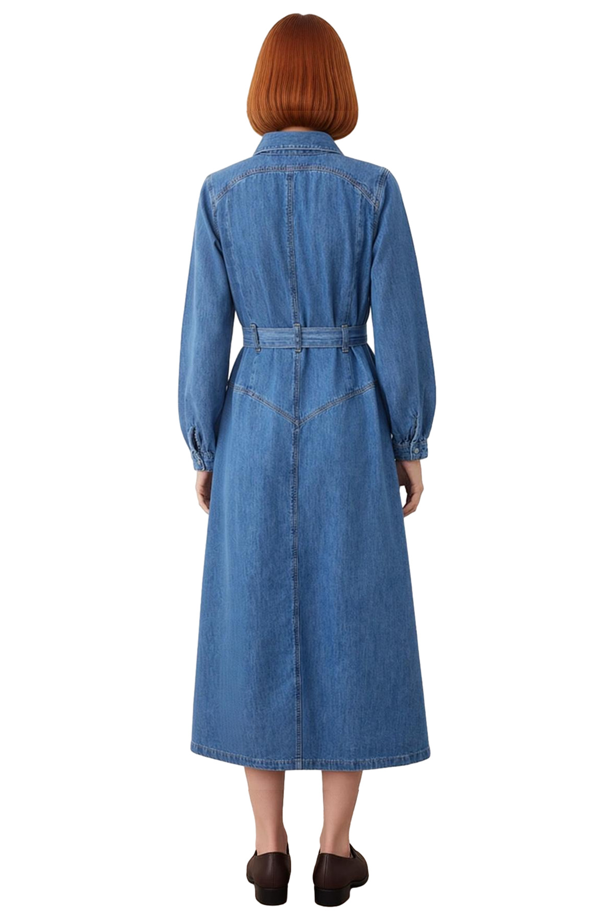 Kadınlar İçin Mavi A Line Gömlek Yaka Kemer Detaylı %100 Pamuk Maxi Denim Elbise İlkbahar Sonbahar