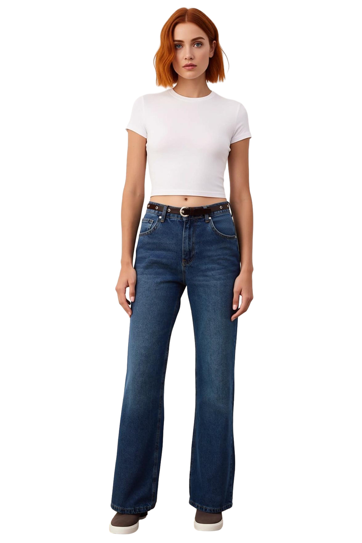 Kadın Koyu Wide Leg Denim Pantolon Fonksiyonel Dayanıklı Kaliteli Konforlu Estetik Premium