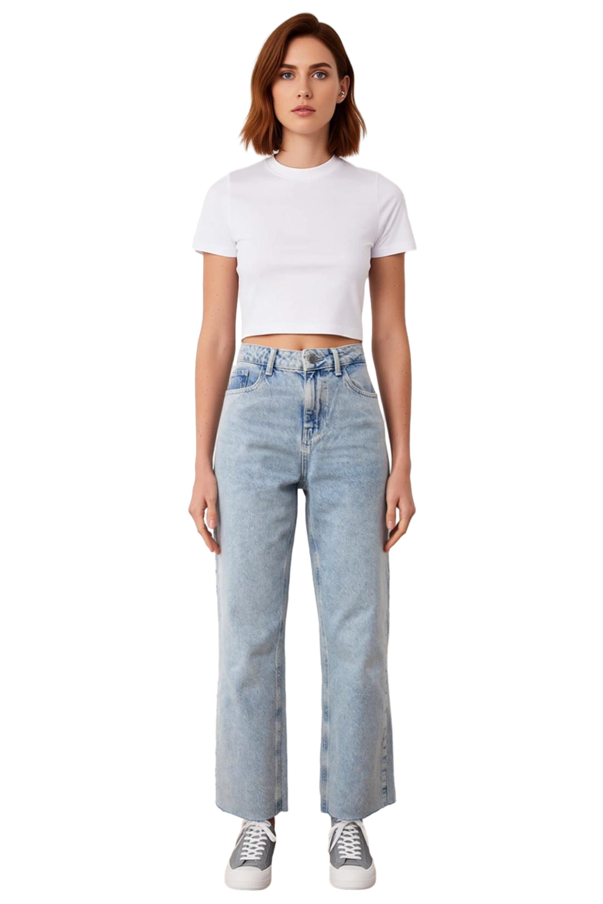 Kadın Açık Yüksek Bel Straight Kesim Denim Pantolon Fonksiyonel Dayanıklı Kaliteli Estetik