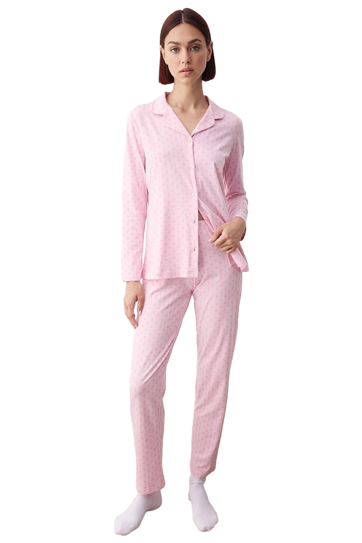 Kadın Kurdele Fiyonk Desenli Gömlek Yaka Pijama Takımı Fonksiyonel Dayanıklı Kaliteli Spor