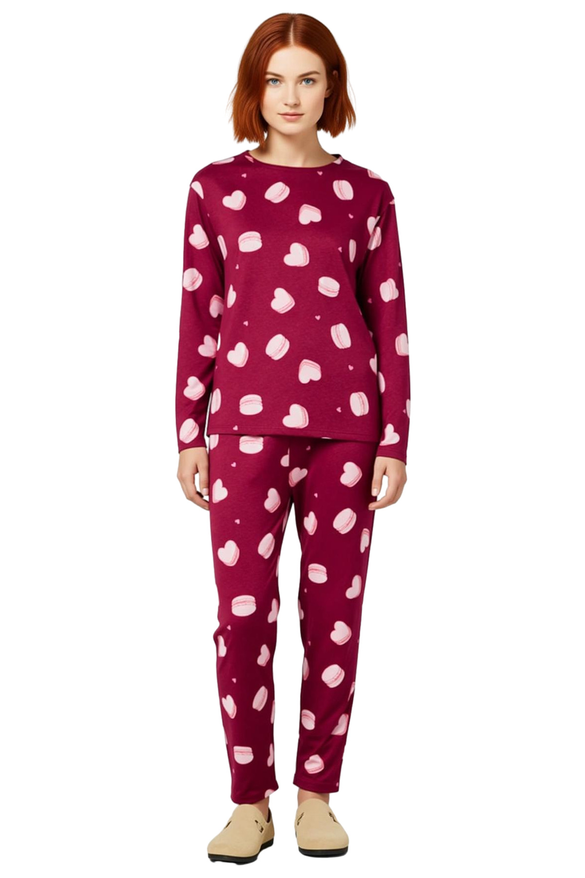Kadin Kalp ve Makaron Desenli Pamuklu Pijama Takımı Fonksiyonel Dayanıklı Kaliteli Estetik