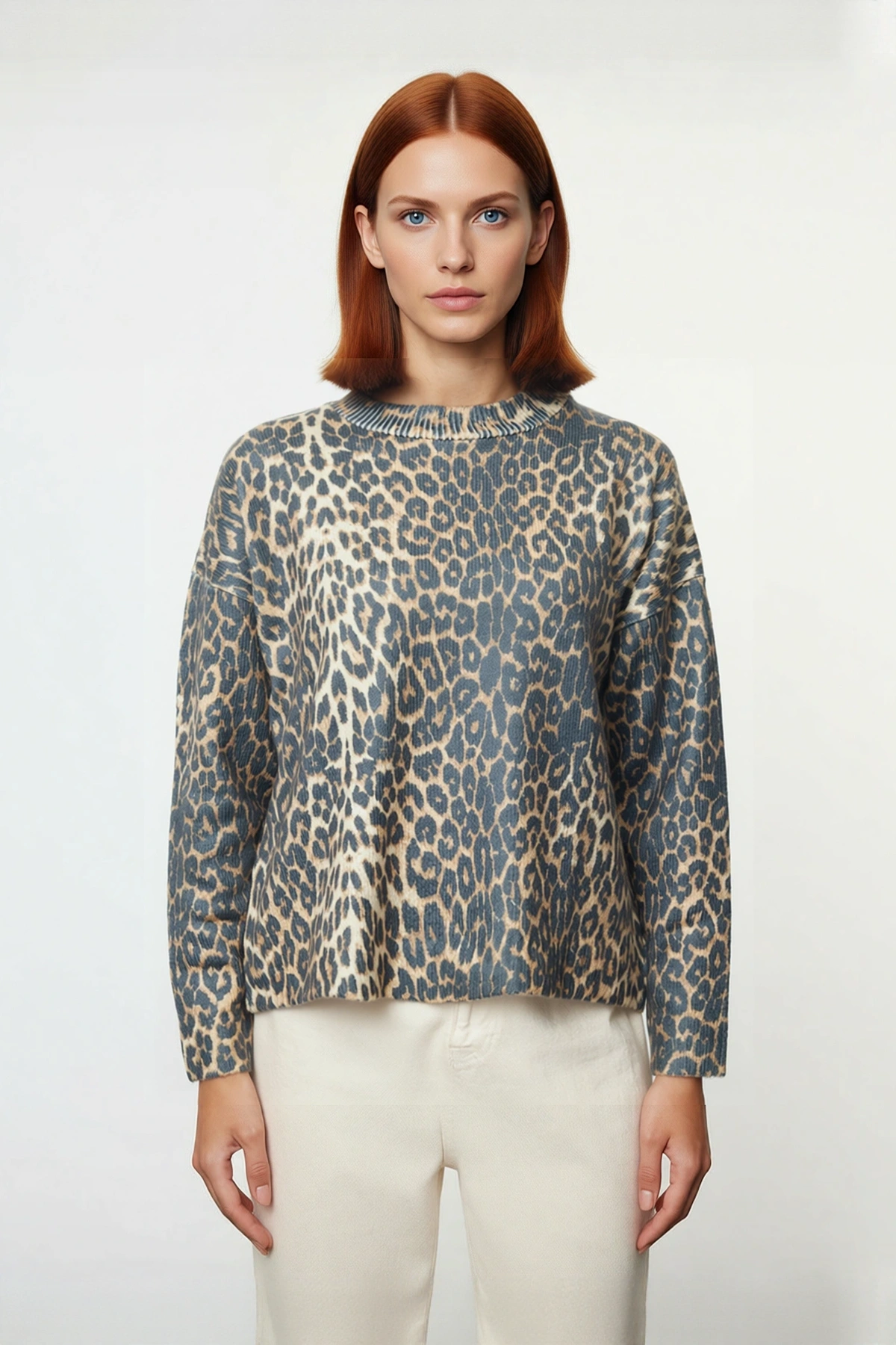 Kadın Oversize Leopar Desenli Bisiklet Yaka Düşük Kollu Akrilik Polyester Triko Kazak Rahat Şıklık