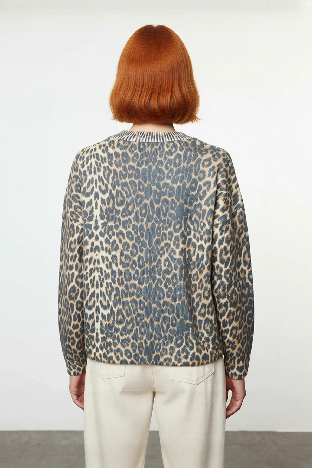 Kadın Oversize Leopar Desenli Bisiklet Yaka Düşük Kollu Akrilik Polyester Triko Kazak Rahat Şıklık