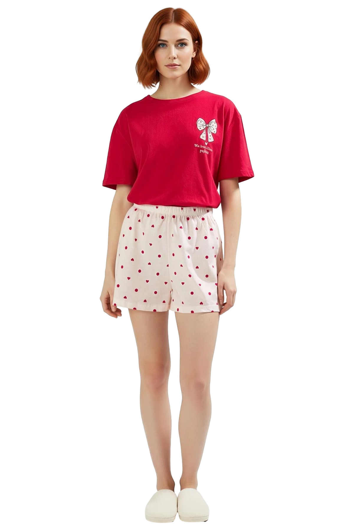 Kadın Kalpli Desenli Pamuklu Pijama Takımı Rahat ve Şık Homewear Özenle Seçilmiş