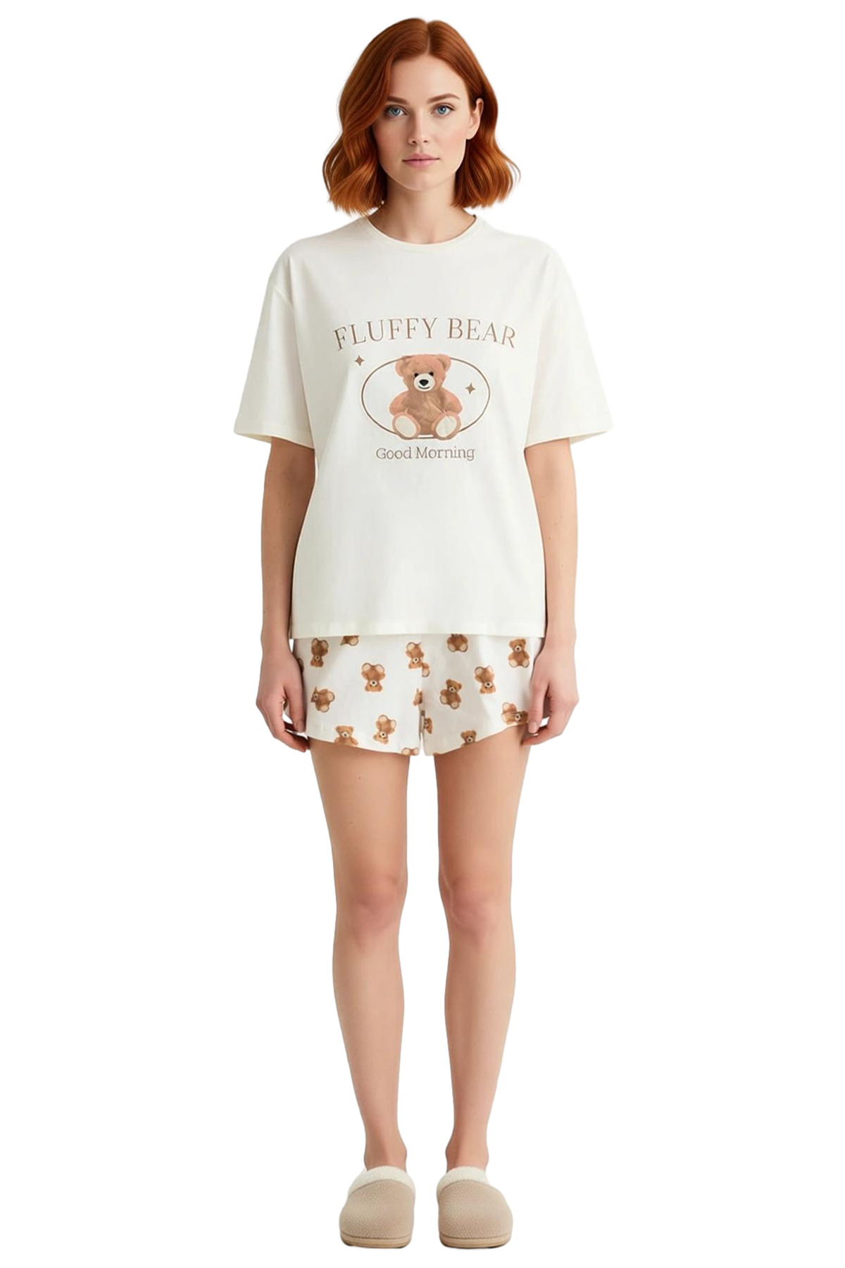 Kadın Ayıcıklı Baskılı Pamuklu Kısa Kollu Pijama Takımı Trend Tasarım Özenle Seçilmiş