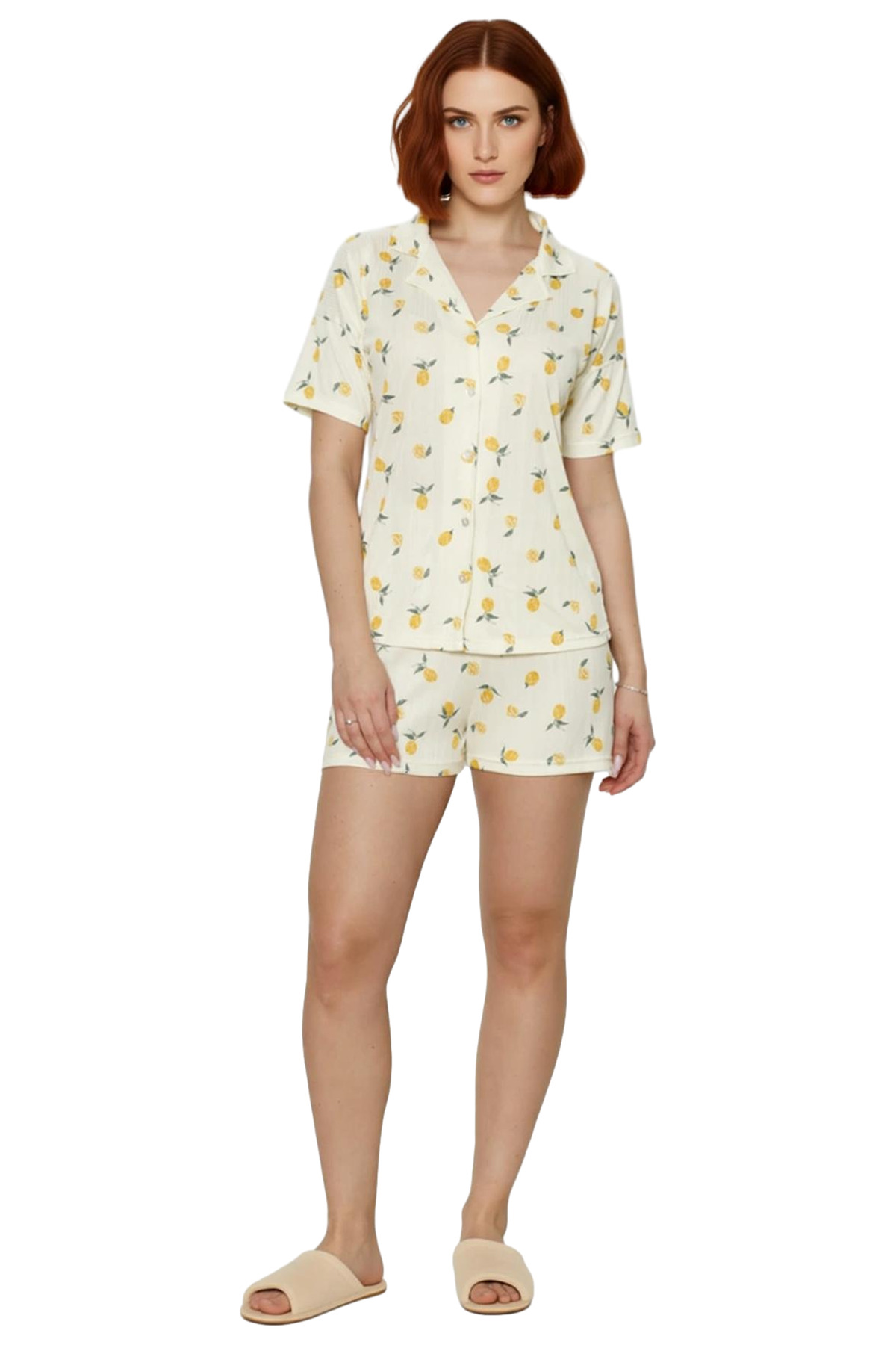 Kadın Limon Desenli Gömlek Şort Pijama Takımı Fonksiyonel Dayanıklı Kaliteli Konforlu Spor