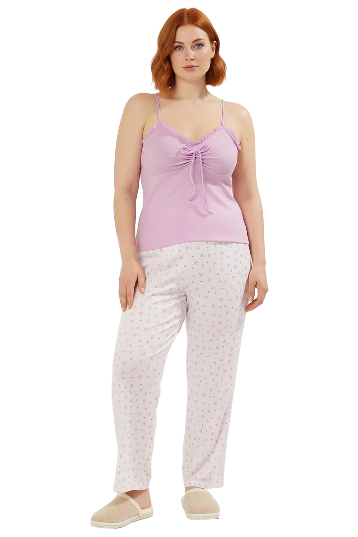 Kadın Liyosel Kiraz Desenli V Yaka İnce Askılı Pijama Takımı Fonksiyonel Dayanıklı Estetik