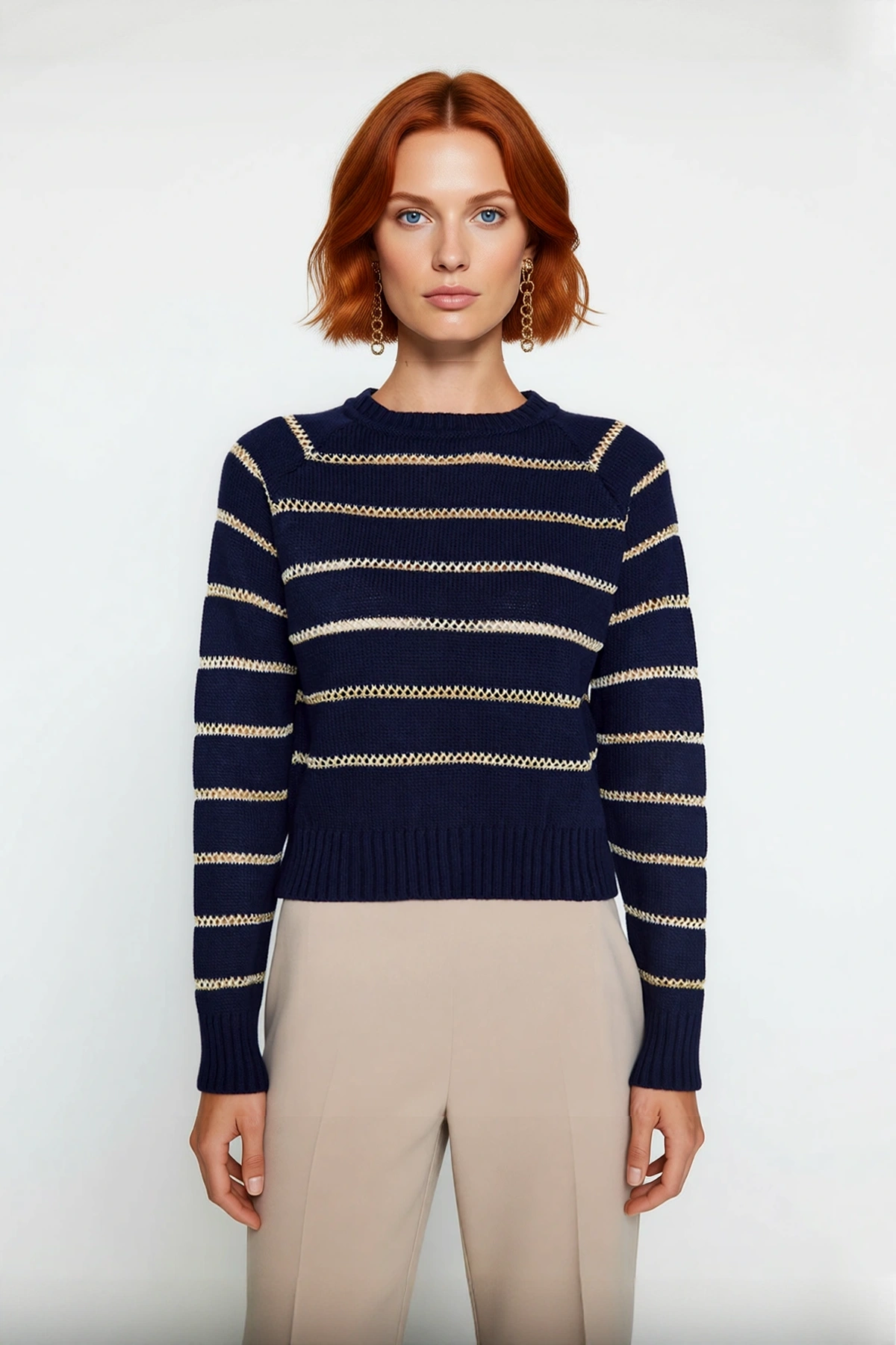 Kadın Oversize Lacivert Simli Çizgili Bisiklet Yaka Reglan Kol Triko Kazak Kış Şıklığı İçin