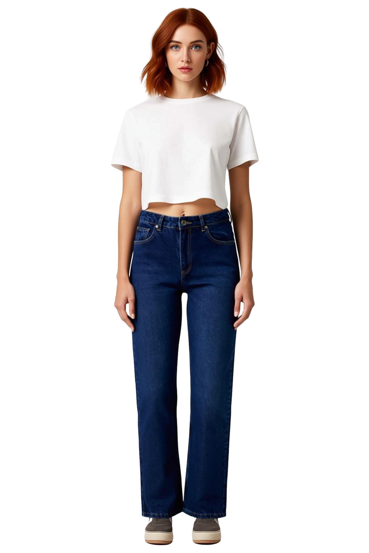 Kadın Yüksek Bel Straight Denim Pantolon Fonksiyonel Dayanıklı Kaliteli Konforlu Estetik Şık