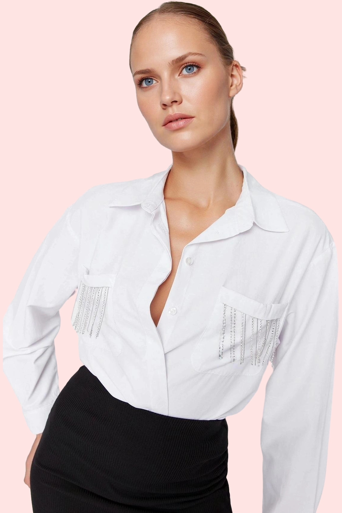 Kadın Oversize Poplin Gömlek Düz Desen Düğmeli Kış Mevsimi Şık Günlük Kullanım Özel Günler