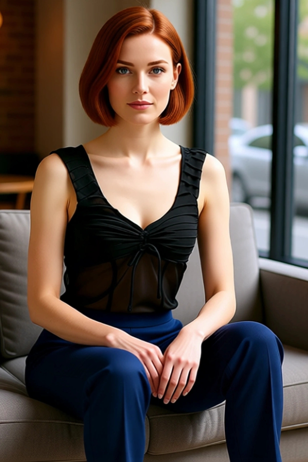 Şık V Yaka Fitted Tül Örme Bluz Modern Stil Seçkin Malzeme Mükemmel Uyum