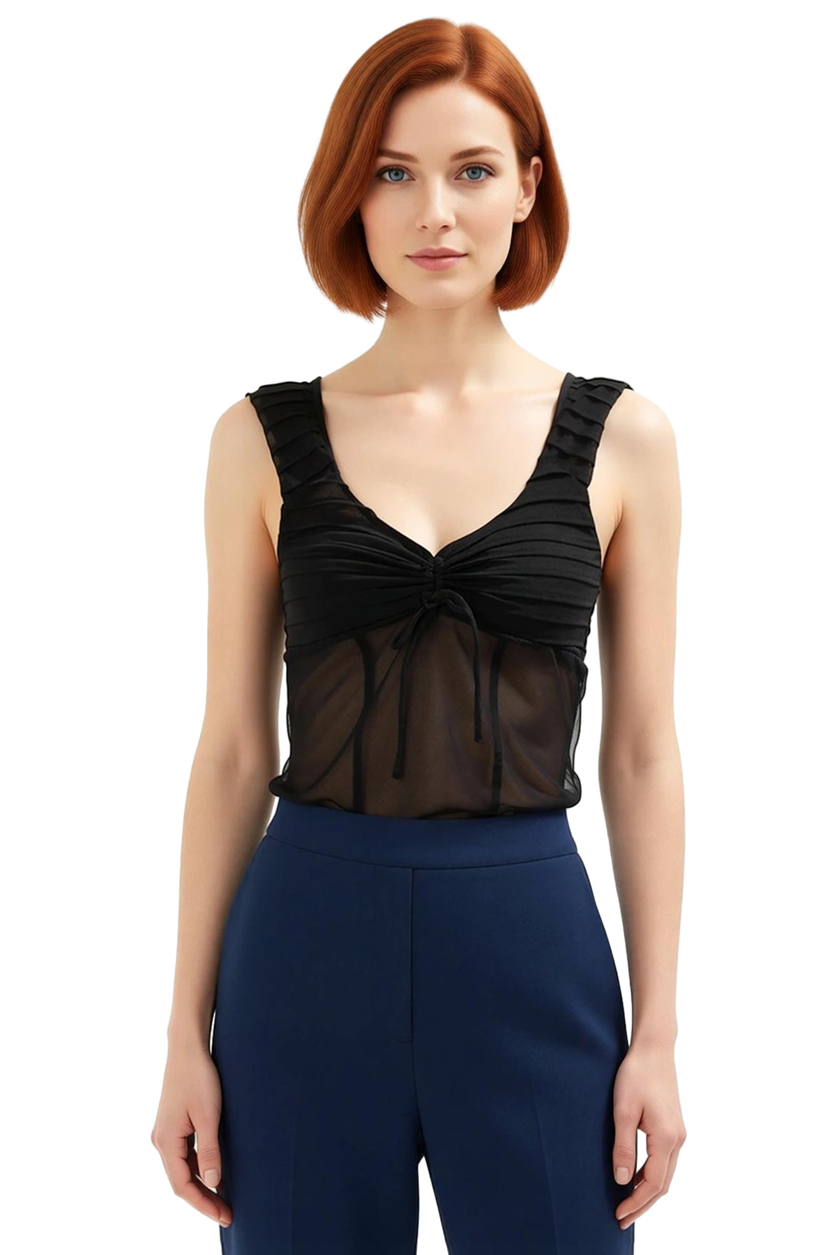 Şık V Yaka Fitted Tül Örme Bluz Modern Stil Seçkin Malzeme Mükemmel Uyum