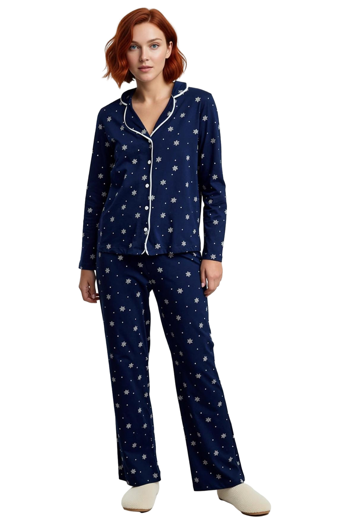 Kadın Kışlık Pamuklu Pijama Takımı Biyeli Desenli Rahat Ev Giyim Seti Günlük Kullanım İçin
